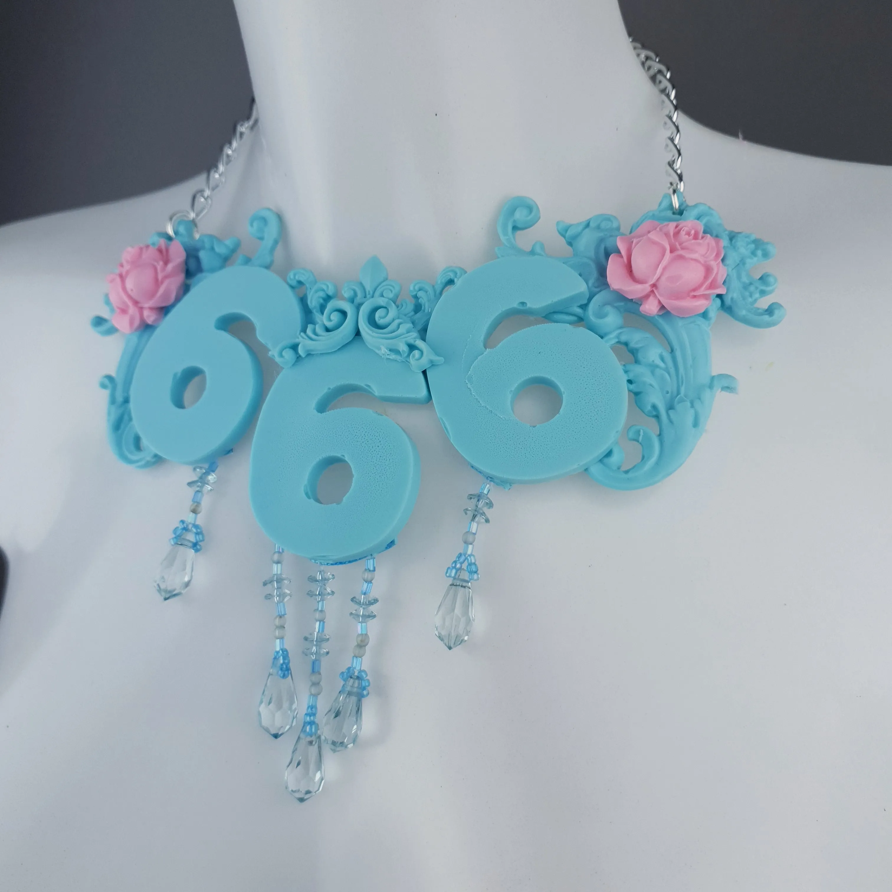 "Omen" Pastel Blue & Pink 666 Filigree & Beading Neckpiece