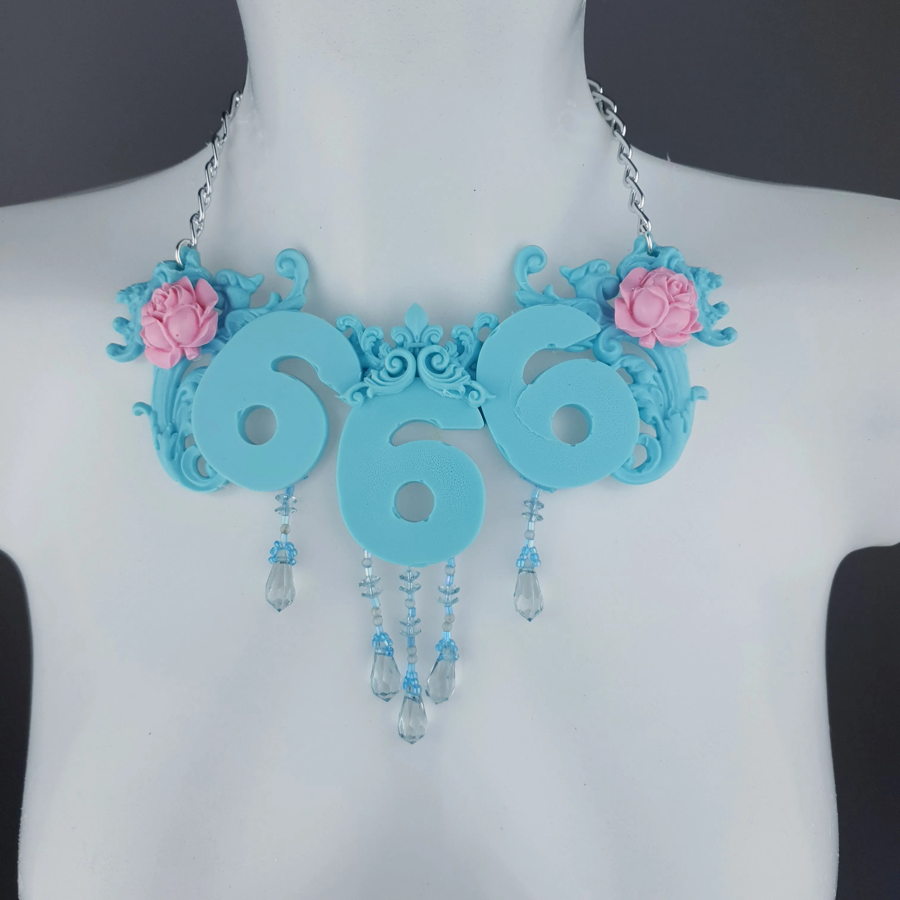 "Omen" Pastel Blue & Pink 666 Filigree & Beading Neckpiece