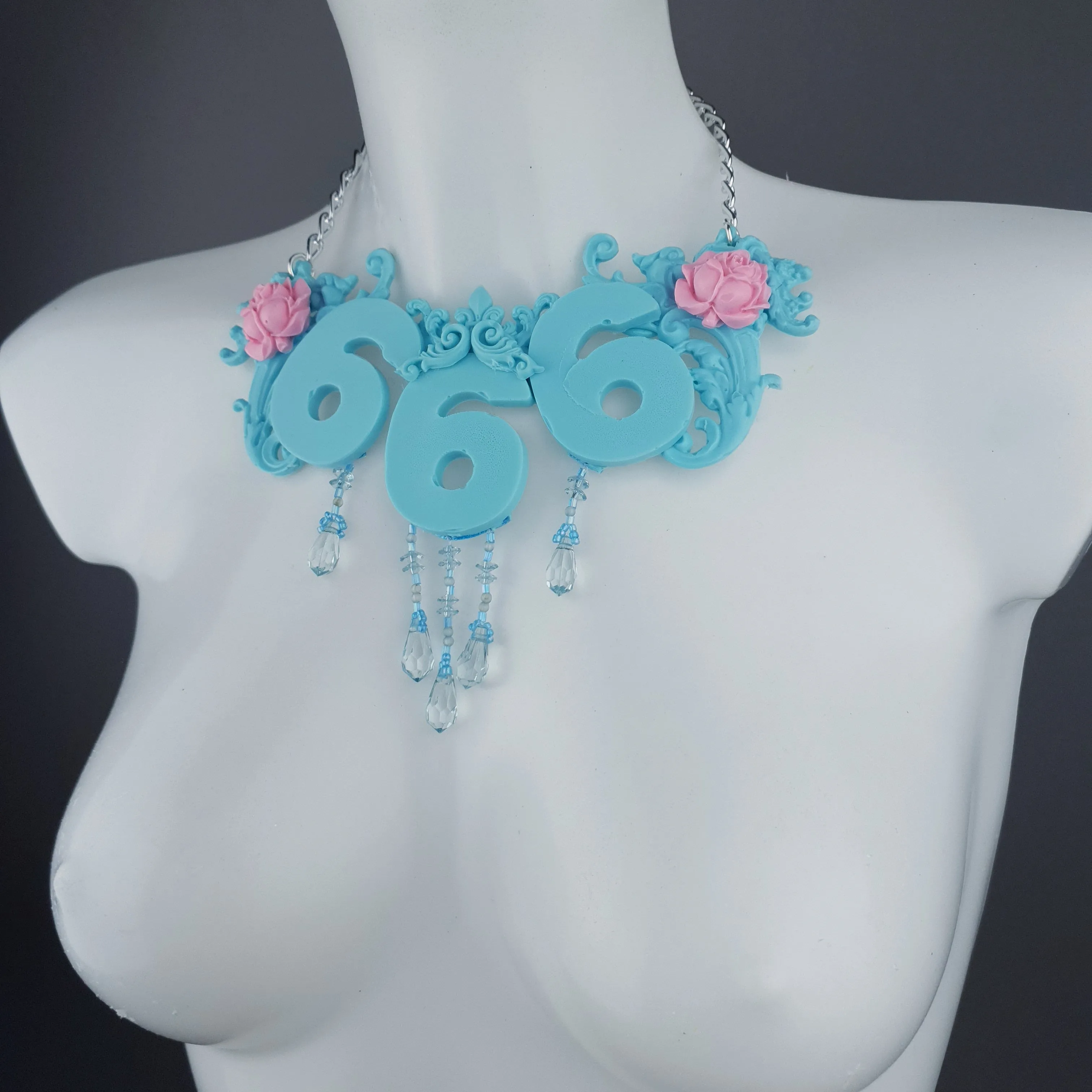 "Omen" Pastel Blue & Pink 666 Filigree & Beading Neckpiece