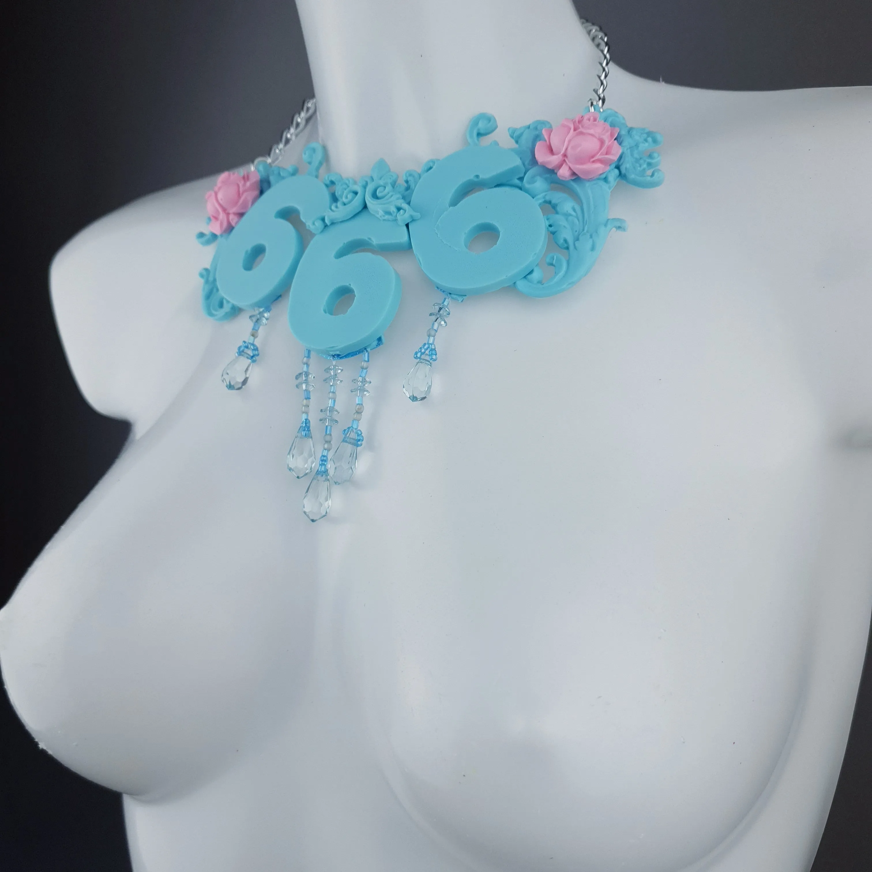 "Omen" Pastel Blue & Pink 666 Filigree & Beading Neckpiece