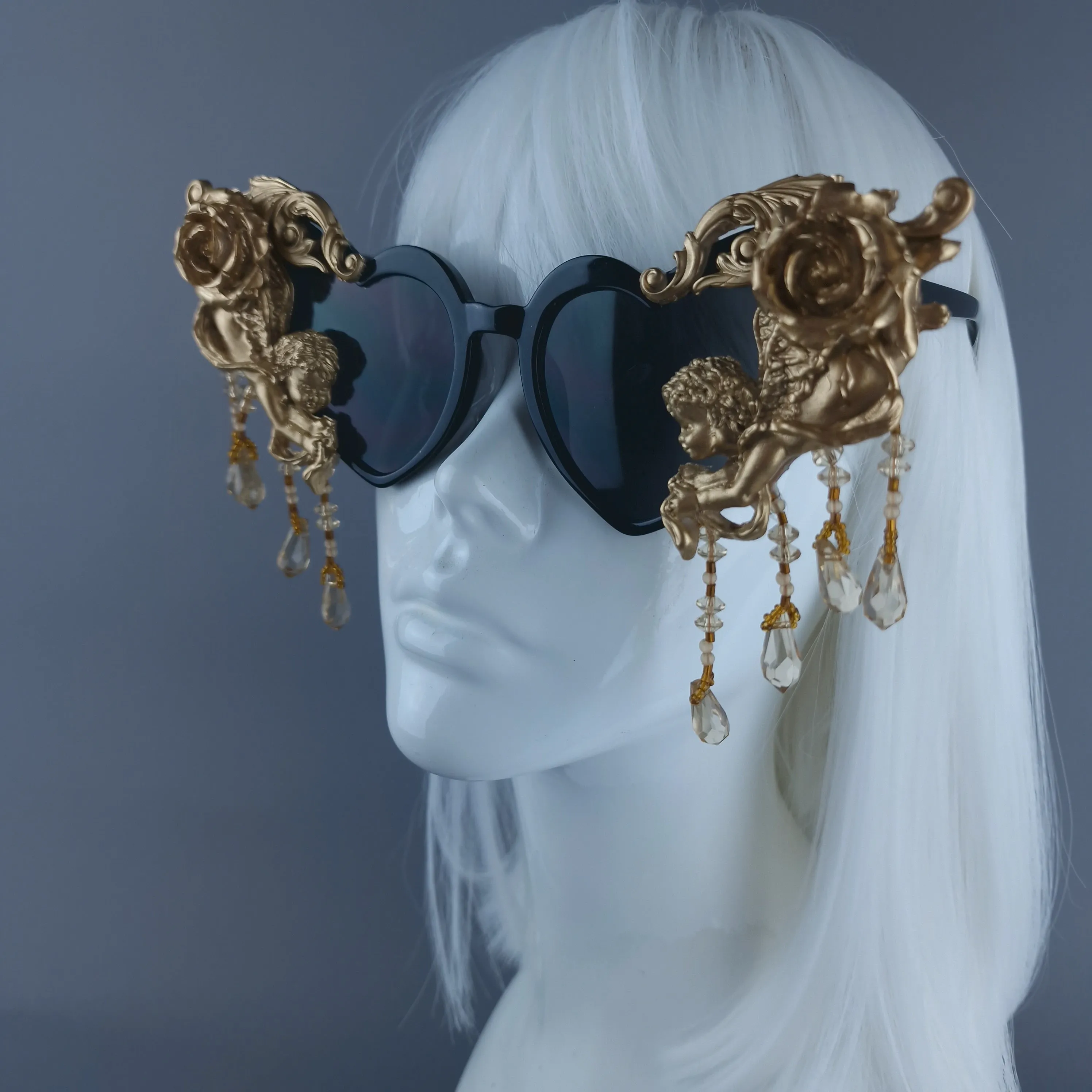 "Seraphina" Black & Gold Cherub, Filigree & Beading Heart Shaped Sunglasses