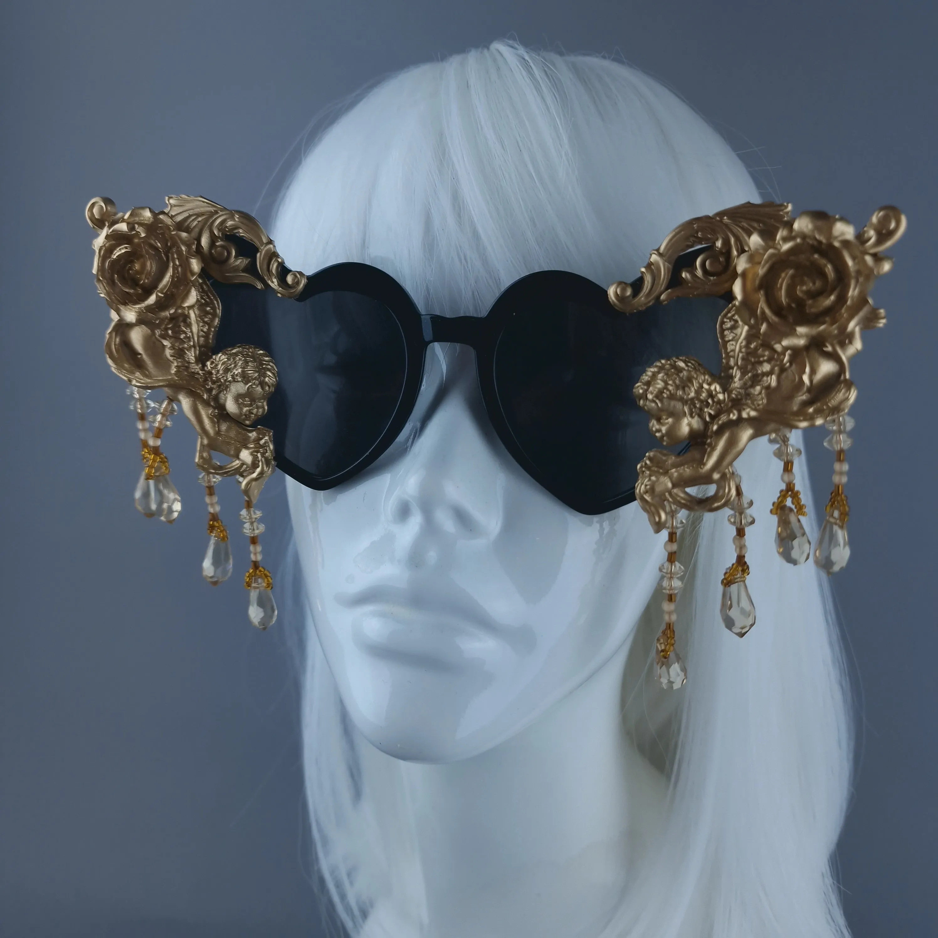 "Seraphina" Black & Gold Cherub, Filigree & Beading Heart Shaped Sunglasses