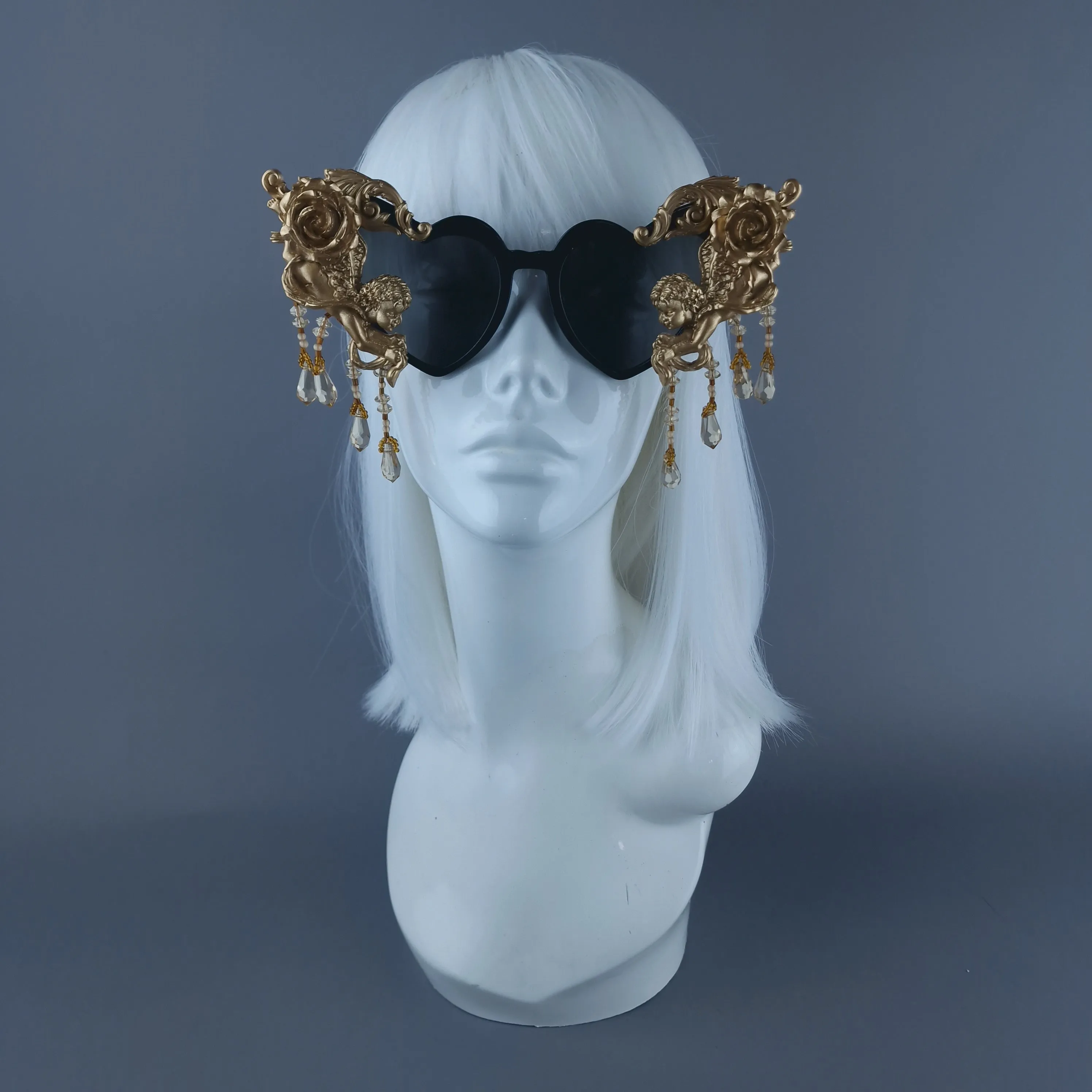 "Seraphina" Black & Gold Cherub, Filigree & Beading Heart Shaped Sunglasses