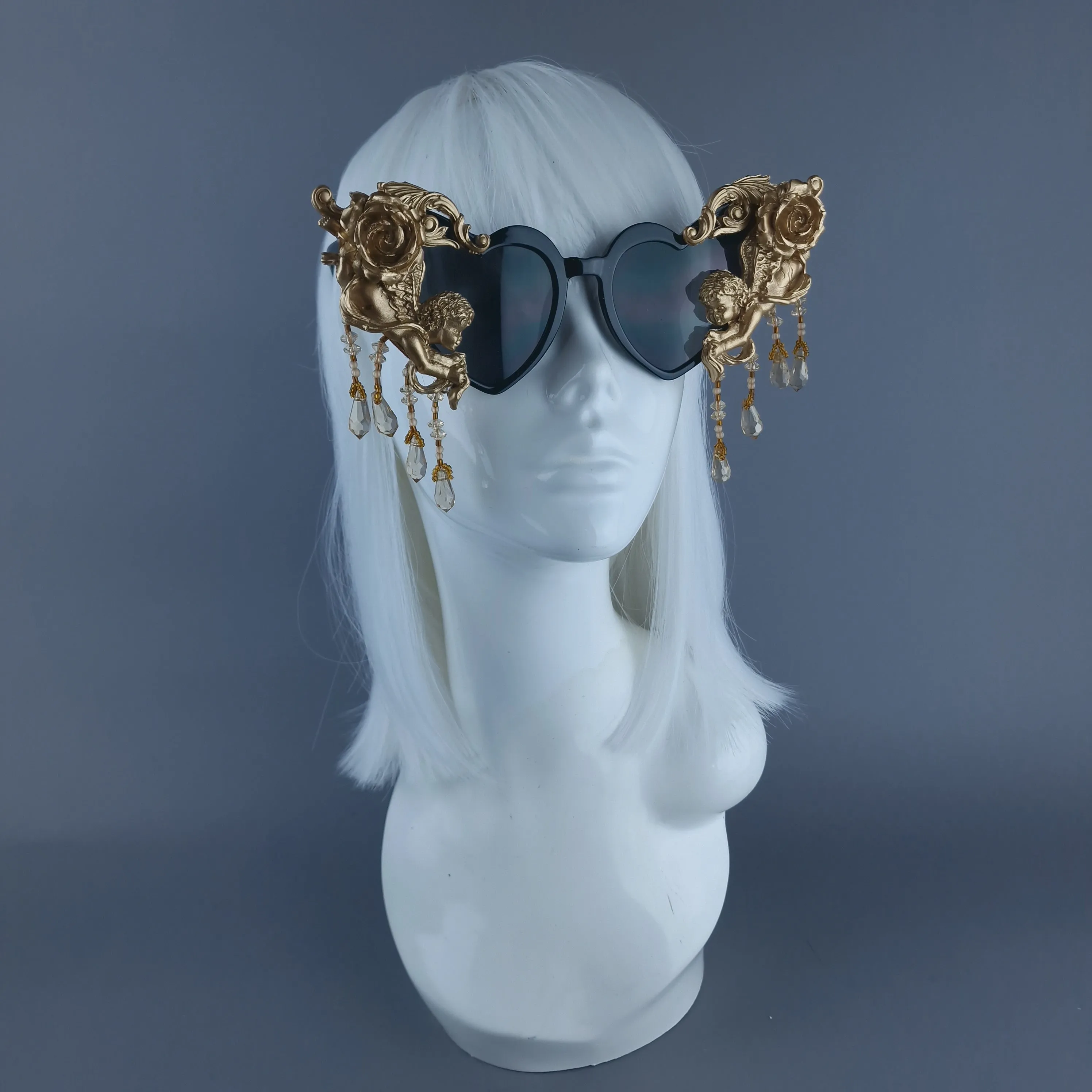 "Seraphina" Black & Gold Cherub, Filigree & Beading Heart Shaped Sunglasses