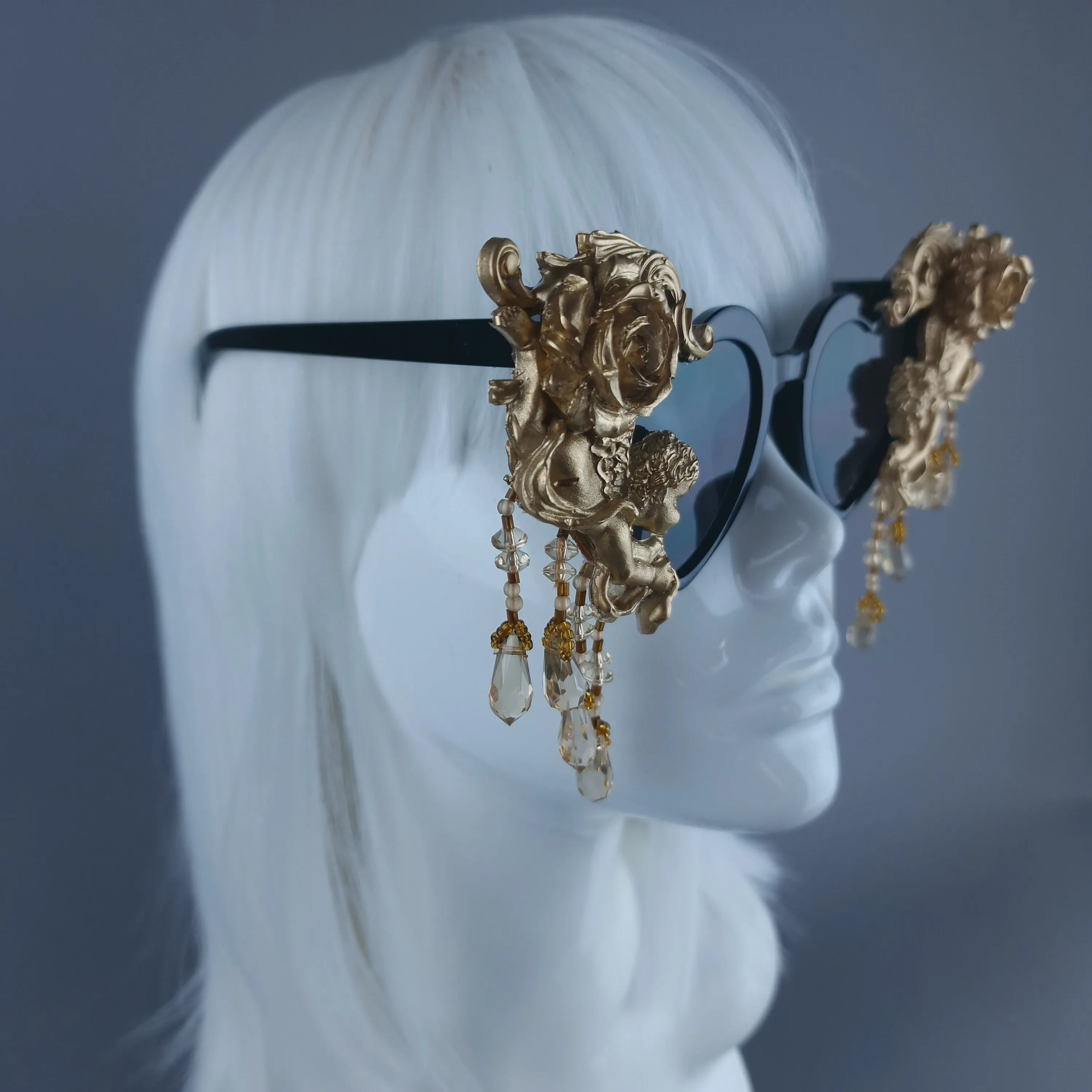 "Seraphina" Black & Gold Cherub, Filigree & Beading Heart Shaped Sunglasses