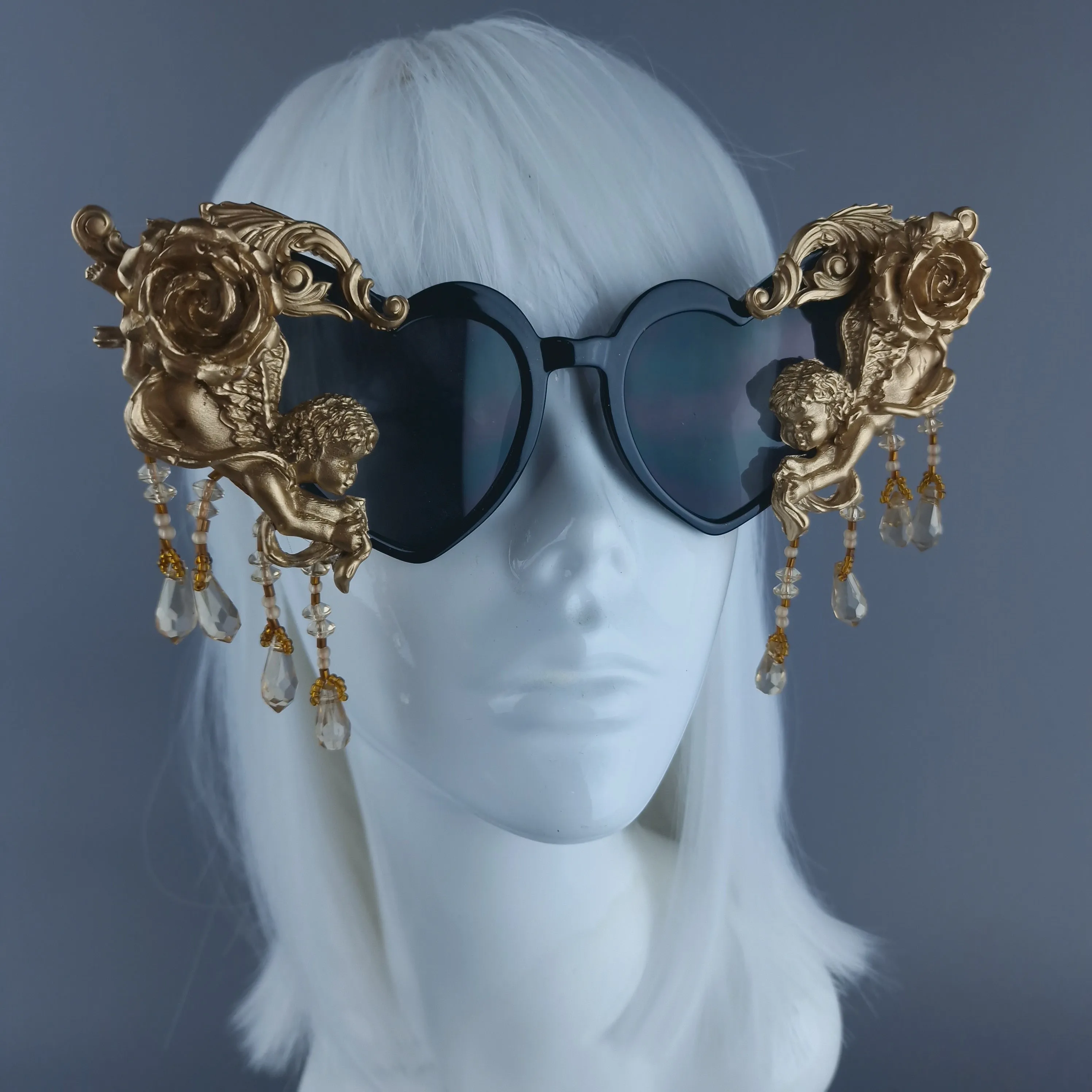 "Seraphina" Black & Gold Cherub, Filigree & Beading Heart Shaped Sunglasses