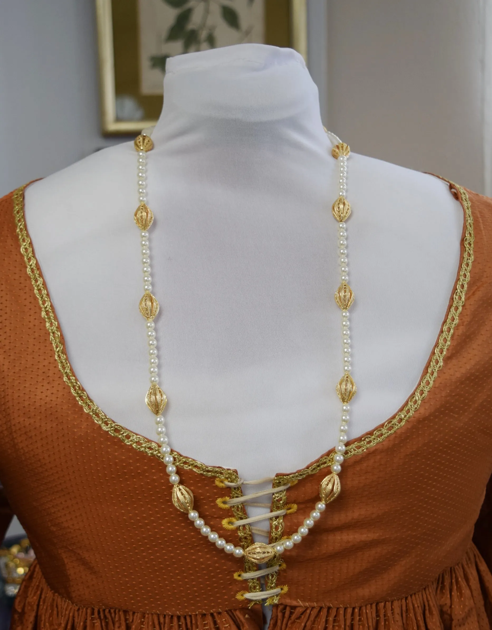 Renaissance Long Necklace - Glass Pearl and Gold Filigree