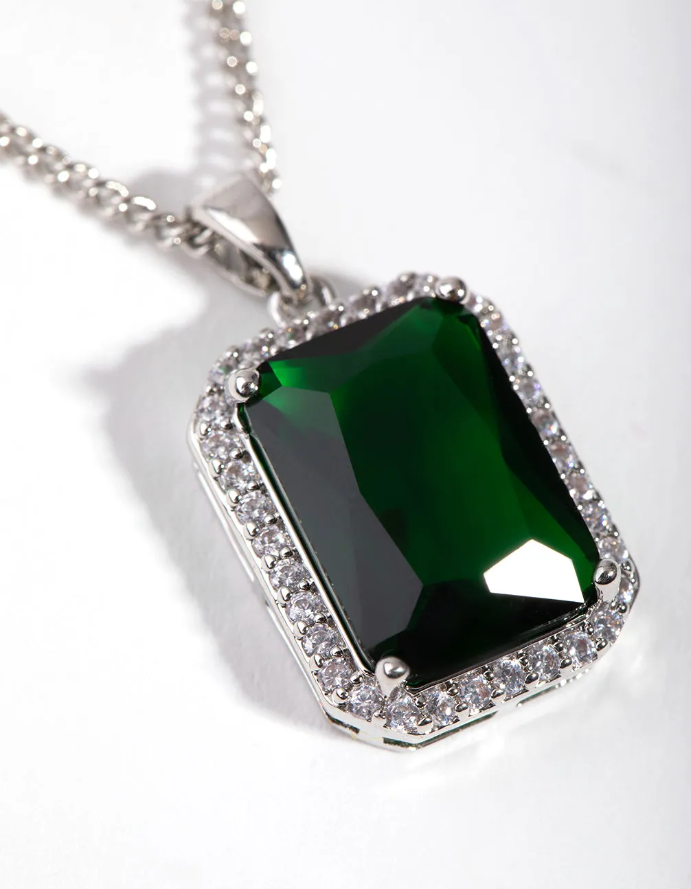 Rhodium Diamond Simulant Emerald Rectangle Necklace