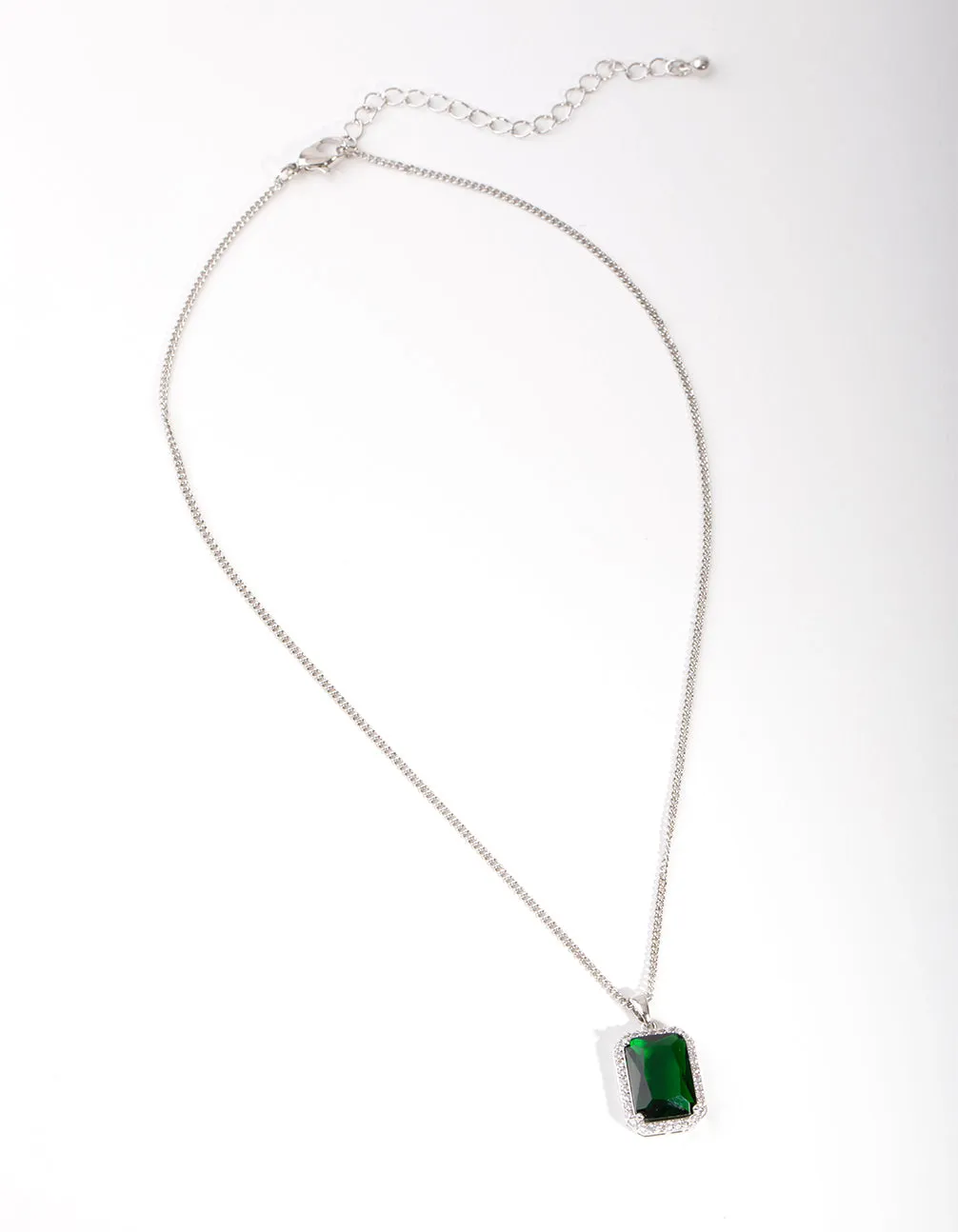 Rhodium Diamond Simulant Emerald Rectangle Necklace