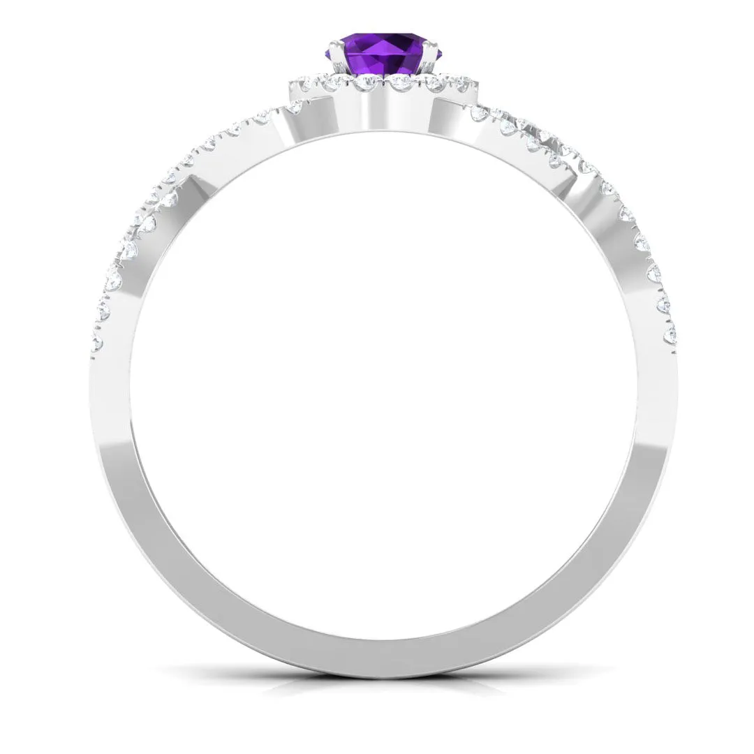 Round Amethyst and Diamond Criss Cross Engagement Ring