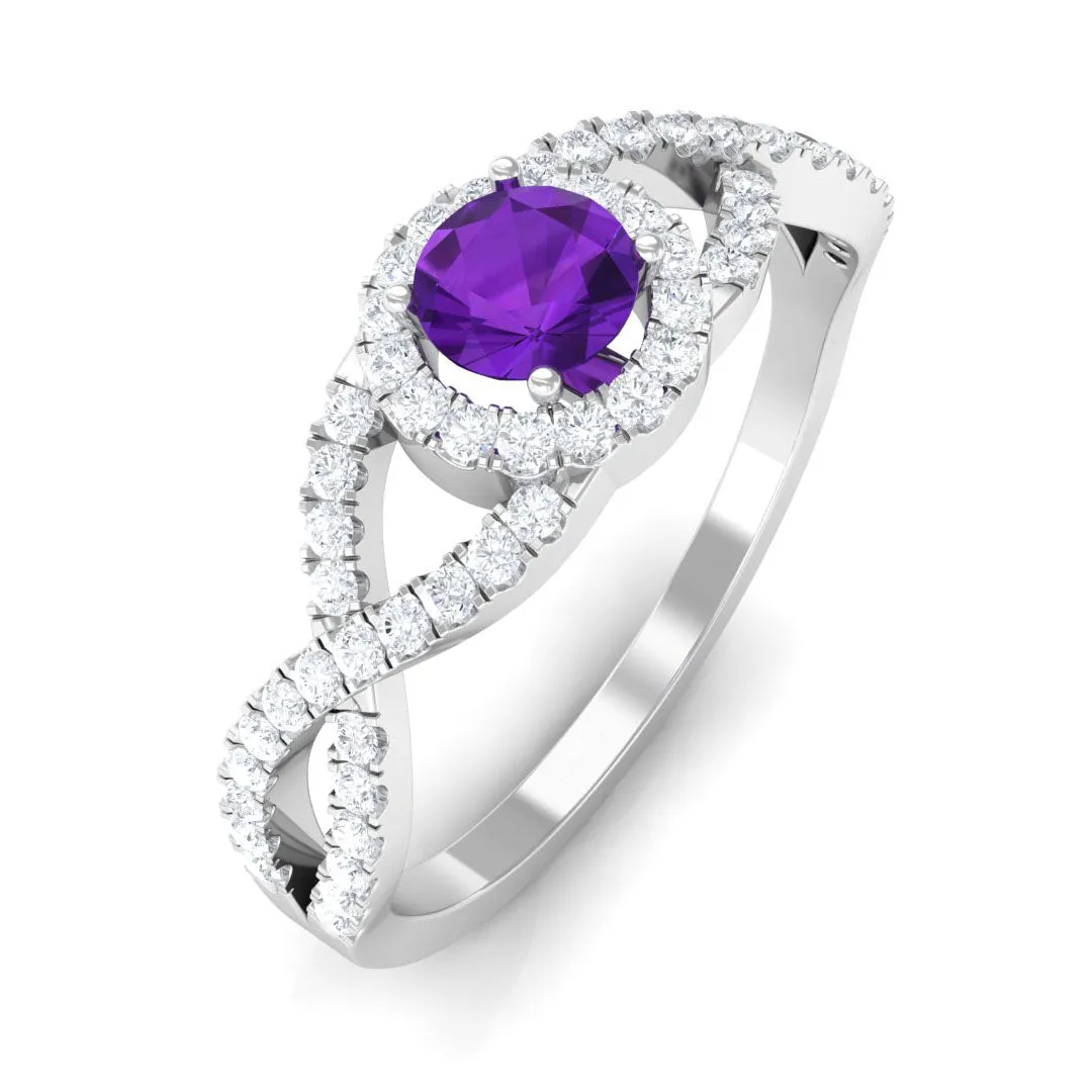 Round Amethyst and Diamond Criss Cross Engagement Ring