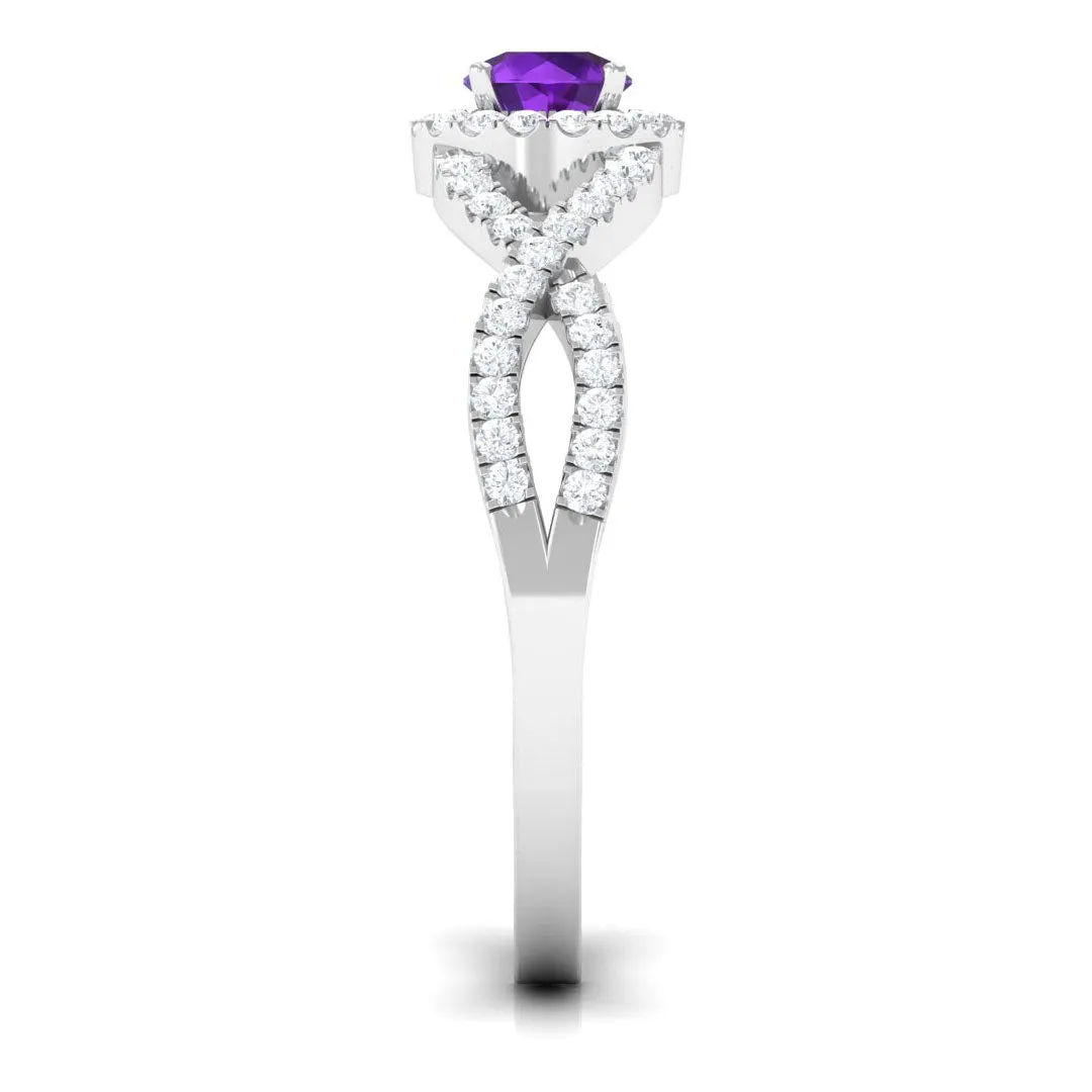 Round Amethyst and Diamond Criss Cross Engagement Ring