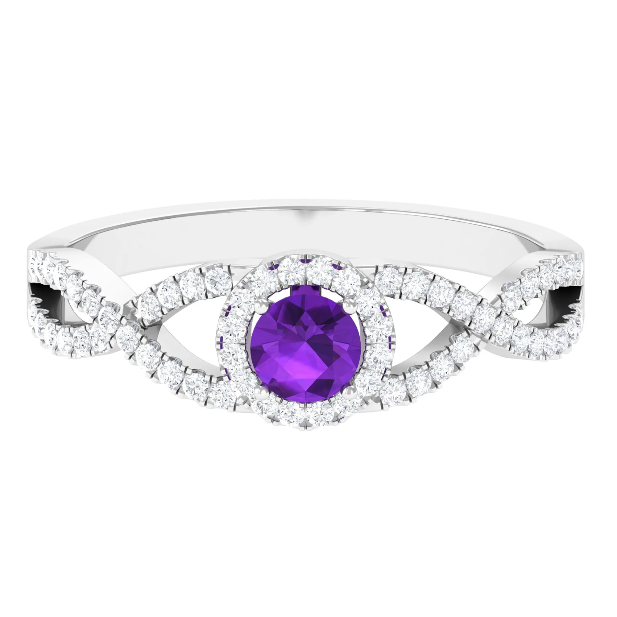 Round Amethyst and Diamond Criss Cross Engagement Ring