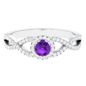 Round Amethyst and Diamond Criss Cross Engagement Ring