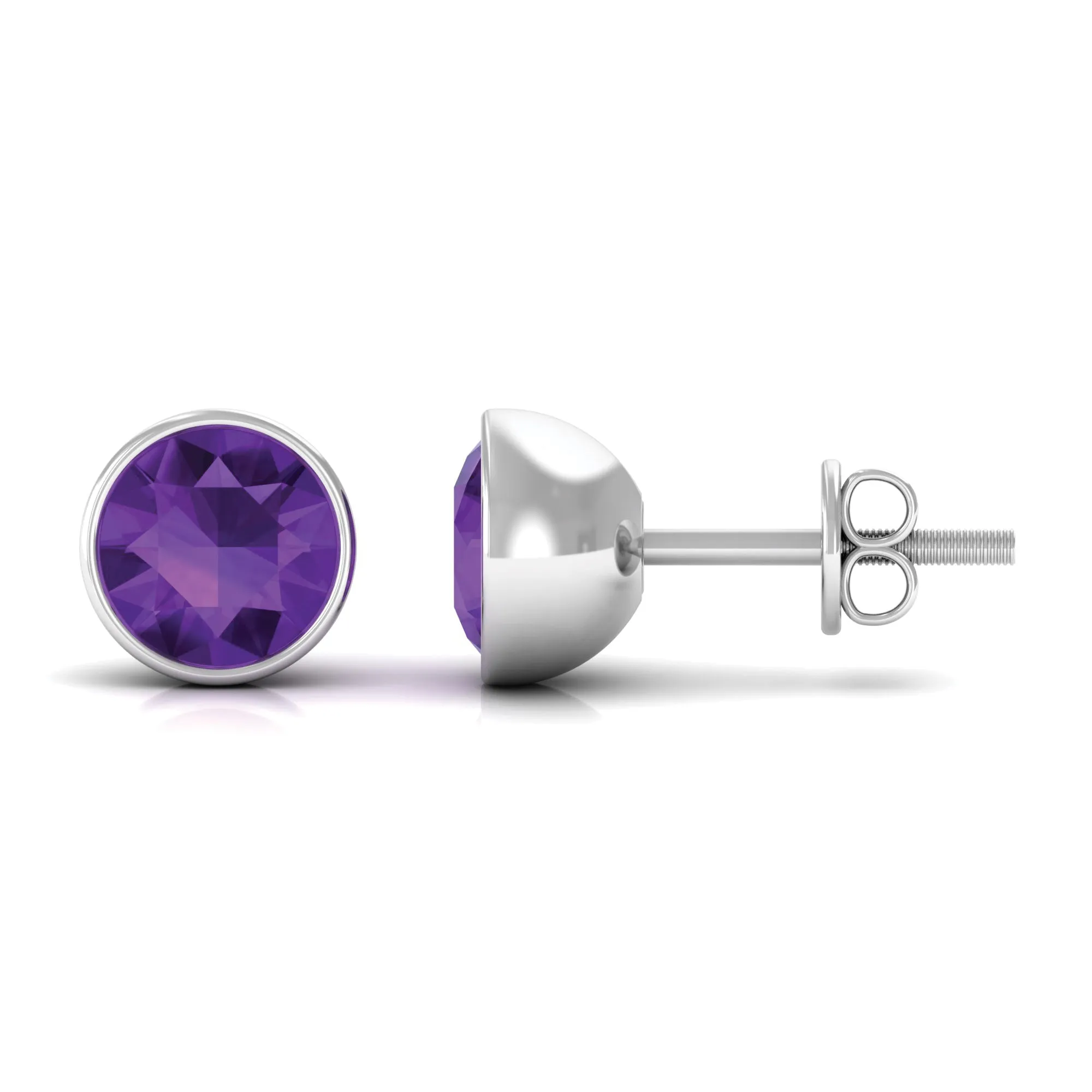 Round Amethyst Solitaire Stud Earrings in Bezel Setting