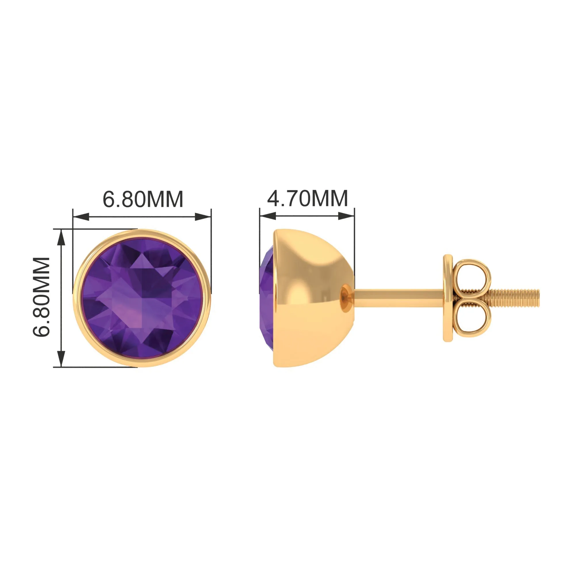 Round Amethyst Solitaire Stud Earrings in Bezel Setting