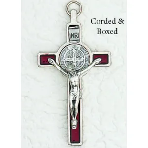 Saint Benedict Red Pearl Enamel Crucifix - Silver Tone Medal