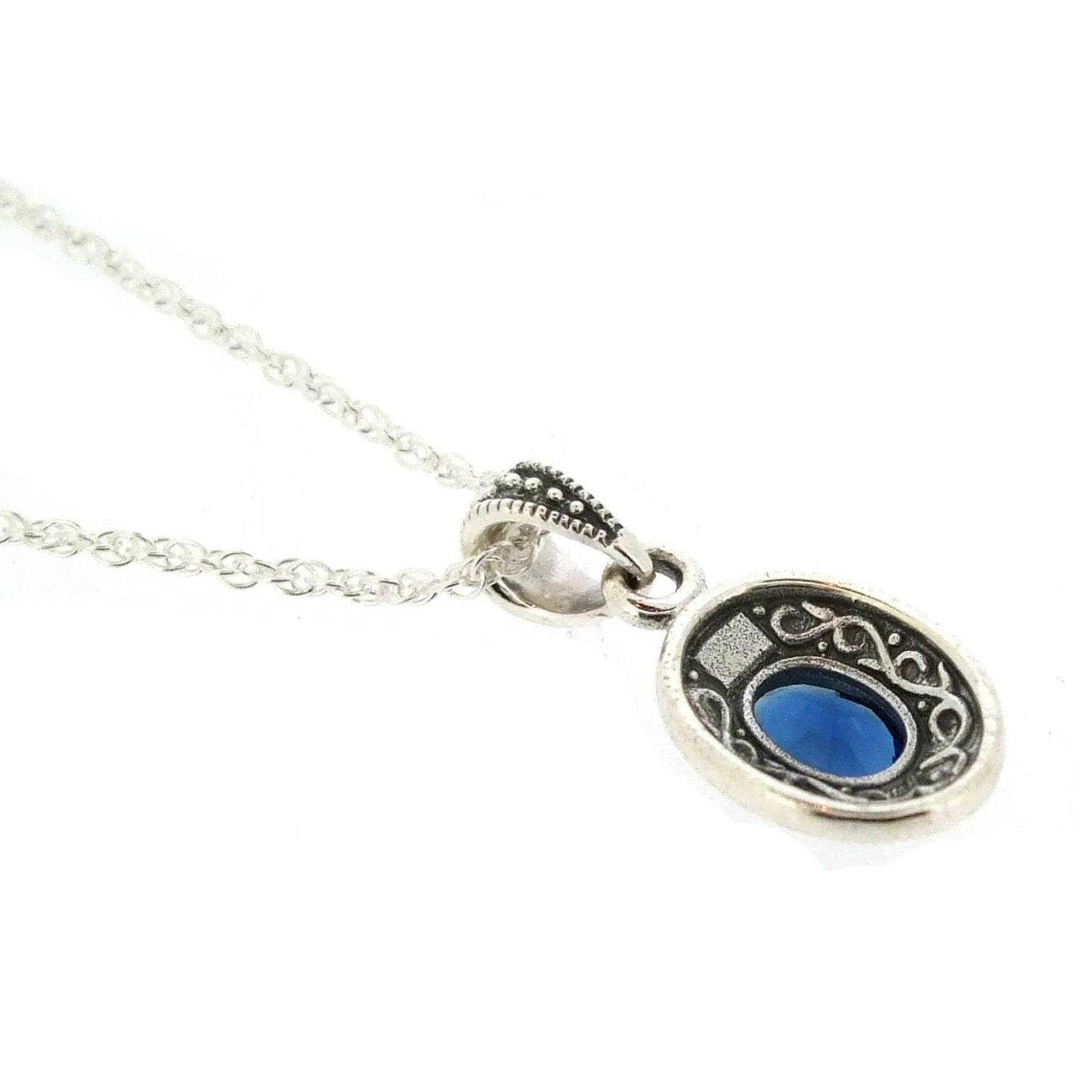 Sapphire Blue Pendant Necklace Silver Marcasite on chain Cubic Zirconia