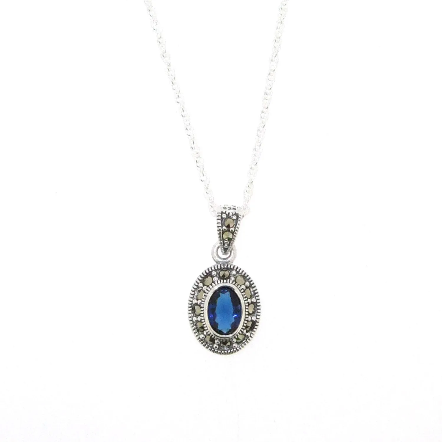 Sapphire Blue Pendant Necklace Silver Marcasite on chain Cubic Zirconia