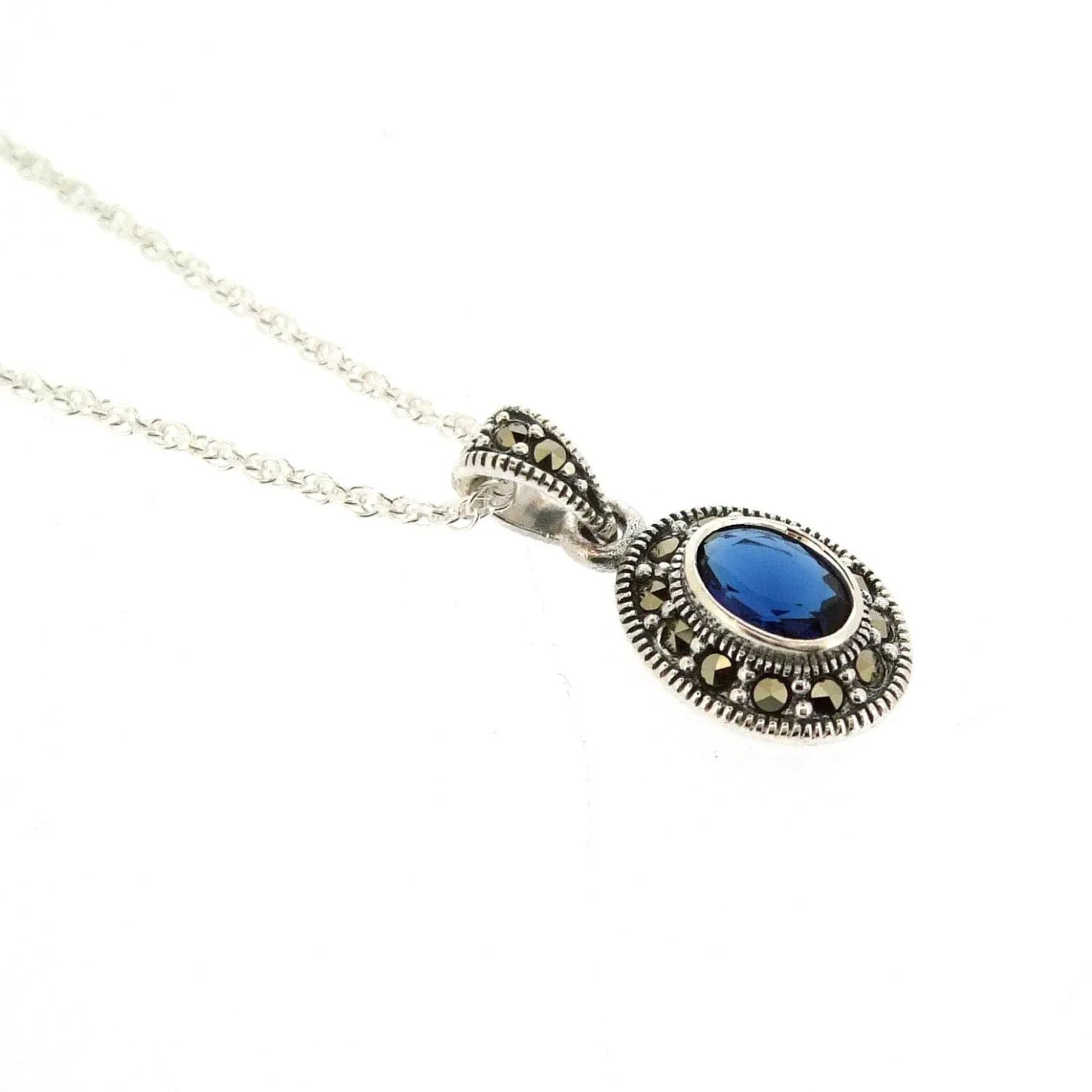 Sapphire Blue Pendant Necklace Silver Marcasite on chain Cubic Zirconia