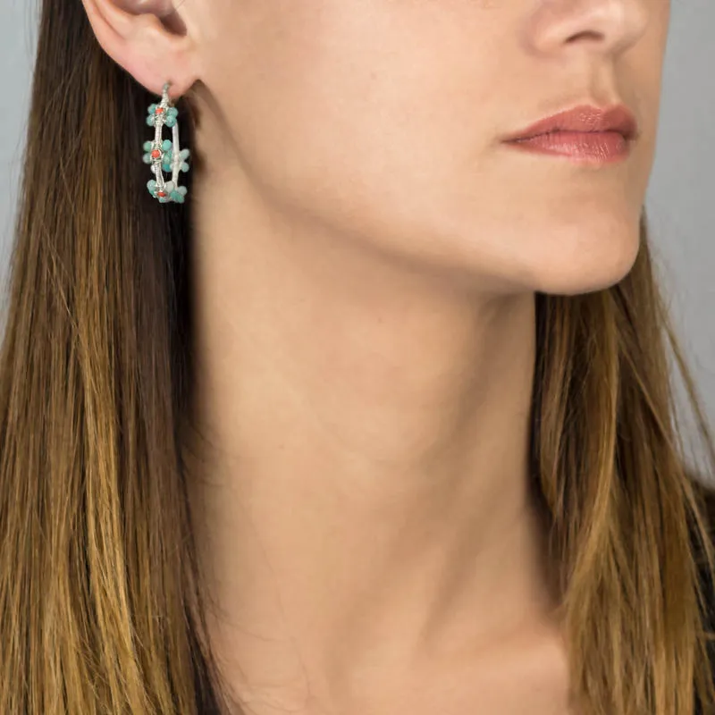 Silver Amazonite Coral Flower Hoops