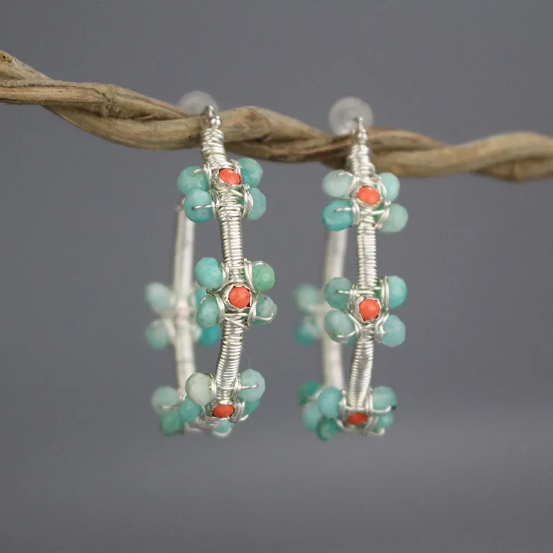 Silver Amazonite Coral Flower Hoops