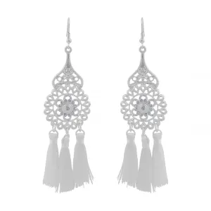 Silver Filigree & White Tassel Drop Earrings