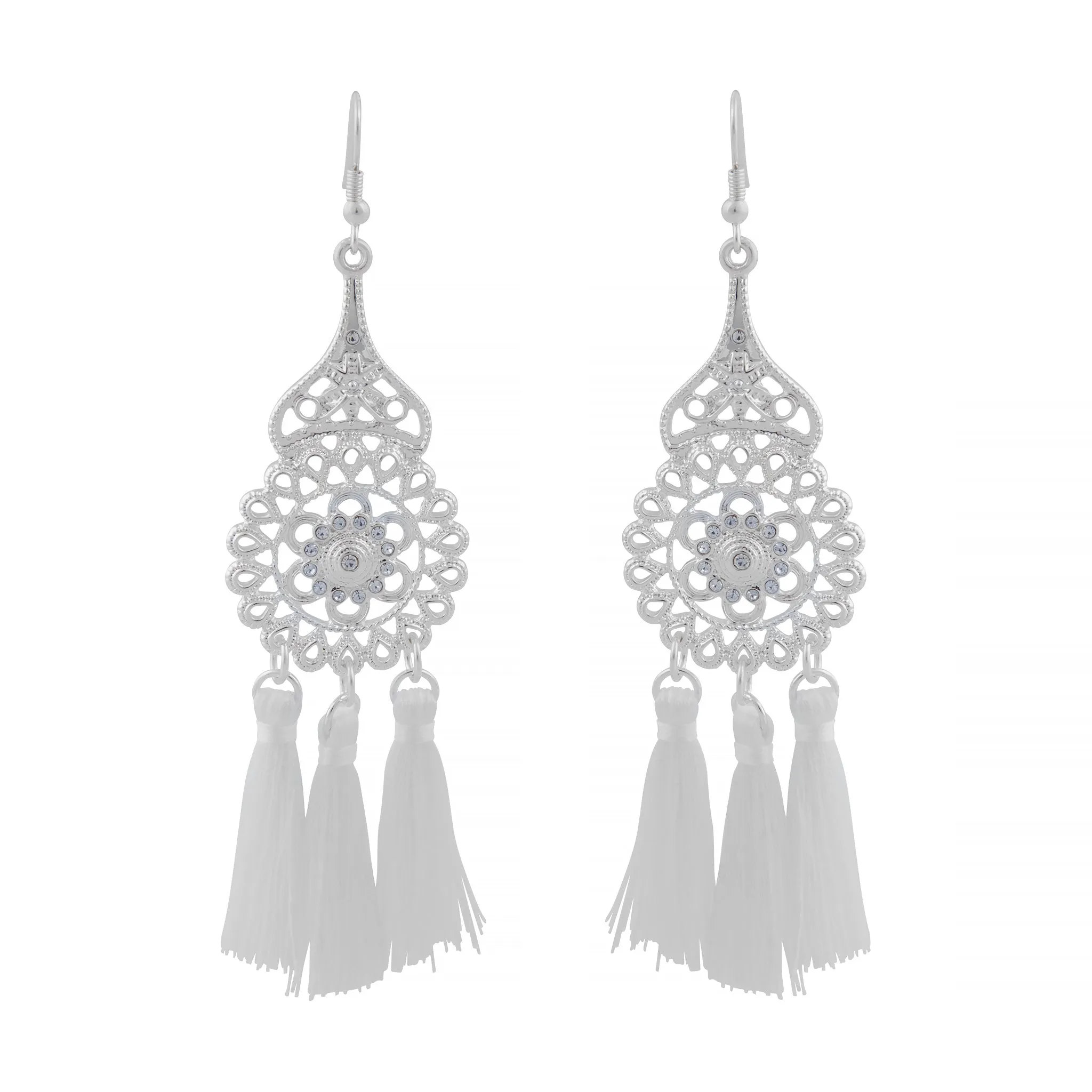 Silver Filigree & White Tassel Drop Earrings