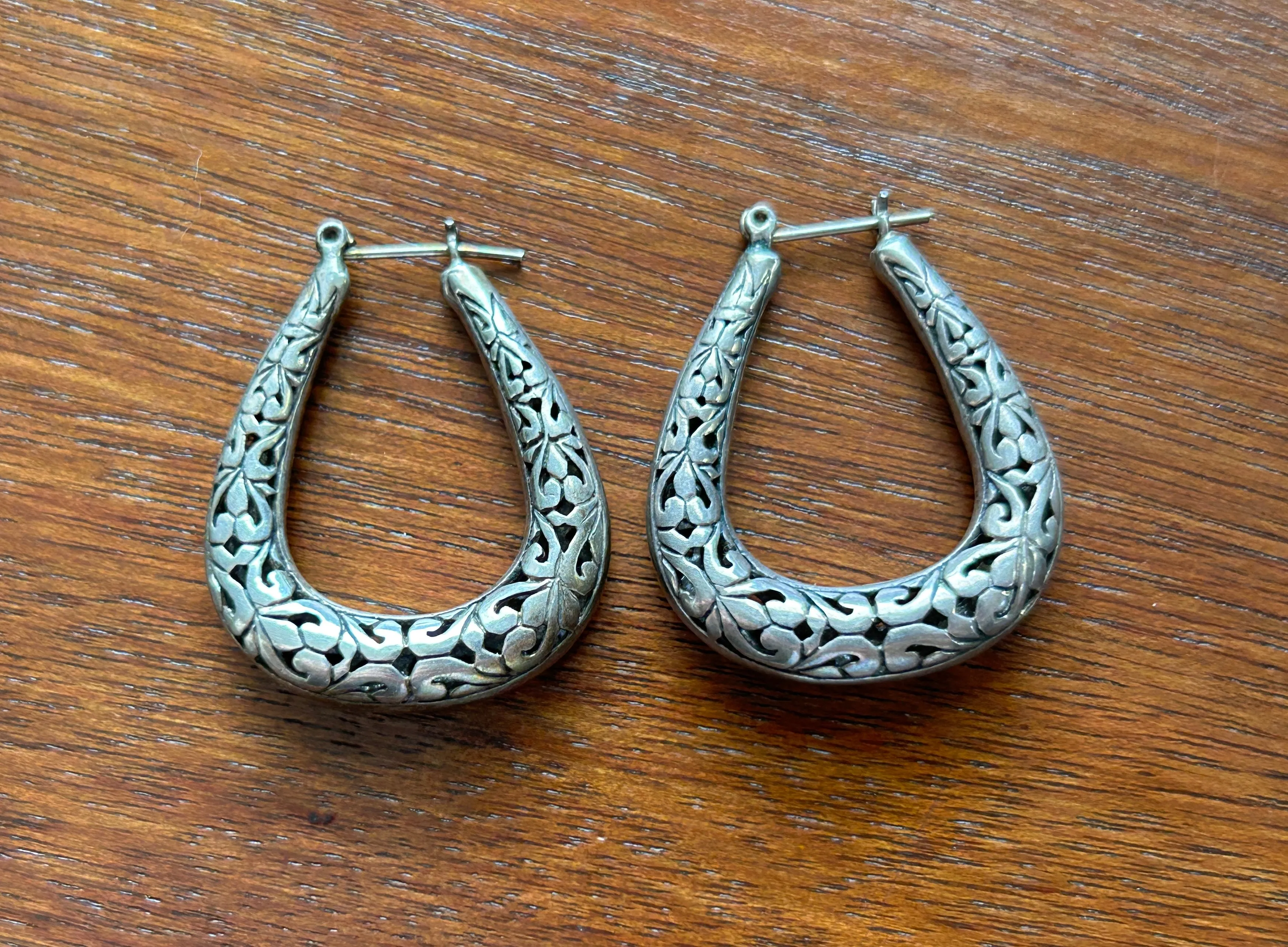 Silver Tone Filigree Open Work Pierced Hoop Earrings