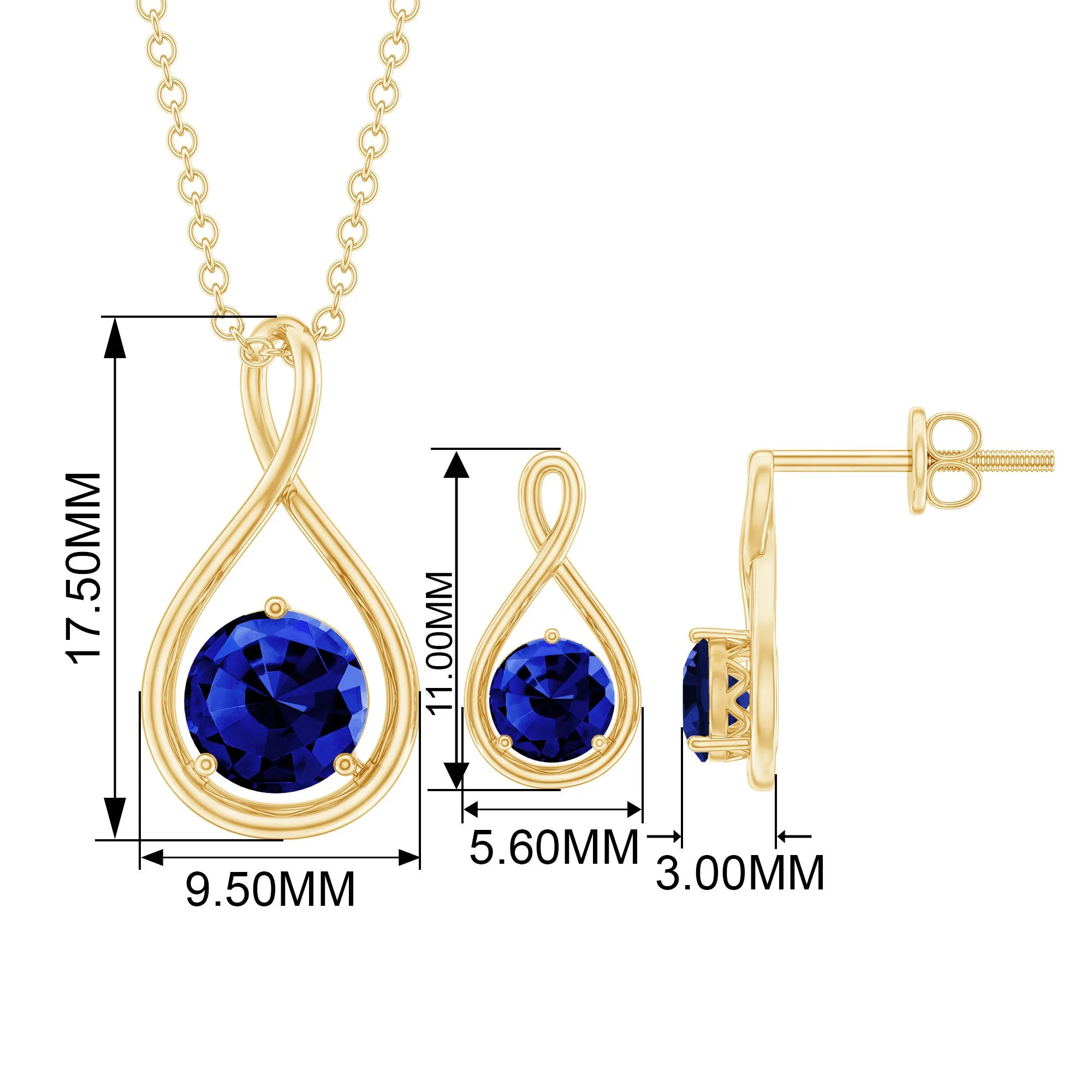 Solitaire Lab Created Blue Sapphire Infinity Pendant and Earrings Set