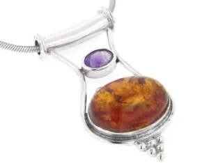 Sterling Silver Baltic Amber and Amethyst Slide Pendant