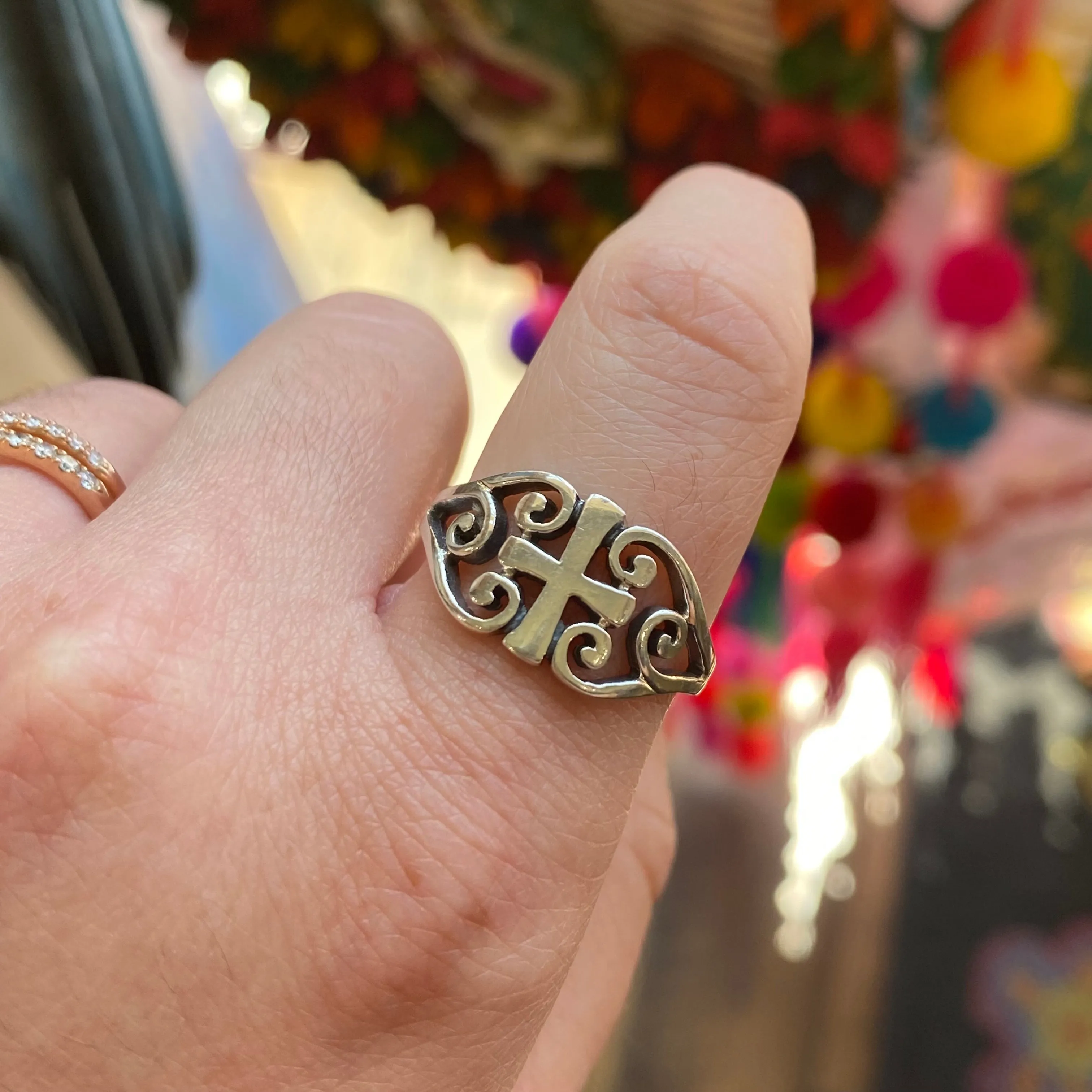 Sterling Silver Filigree Heart Cross Ring