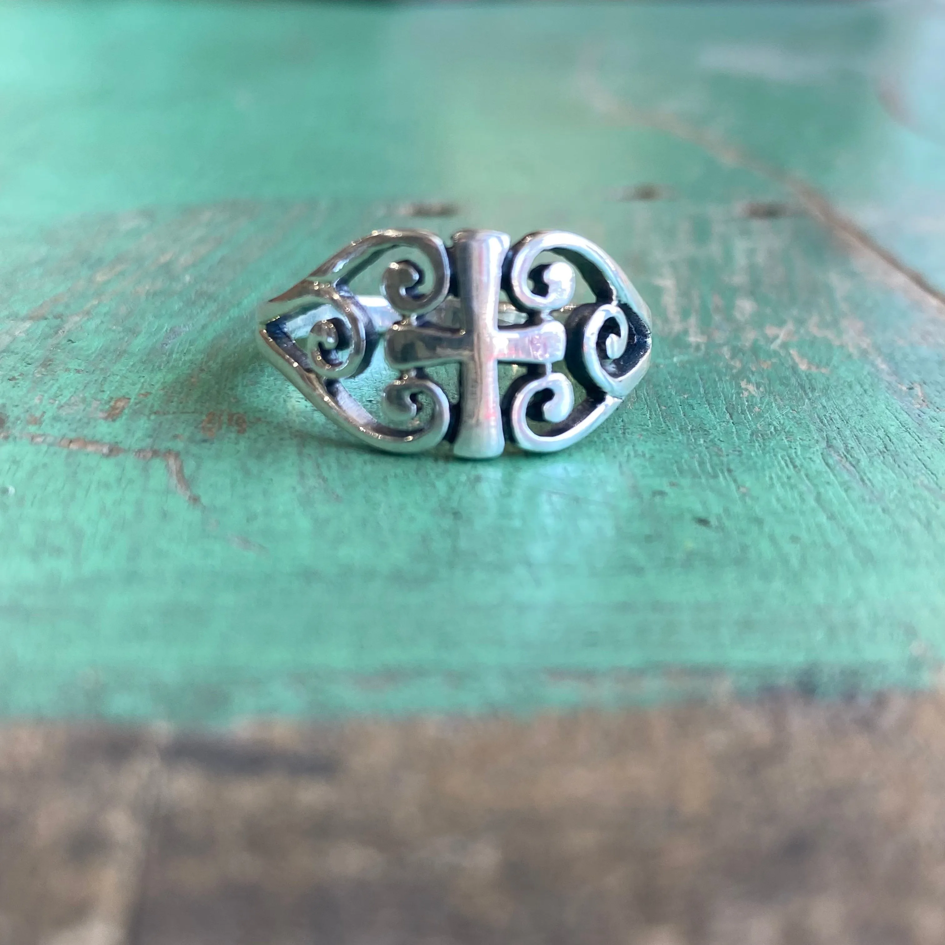 Sterling Silver Filigree Heart Cross Ring