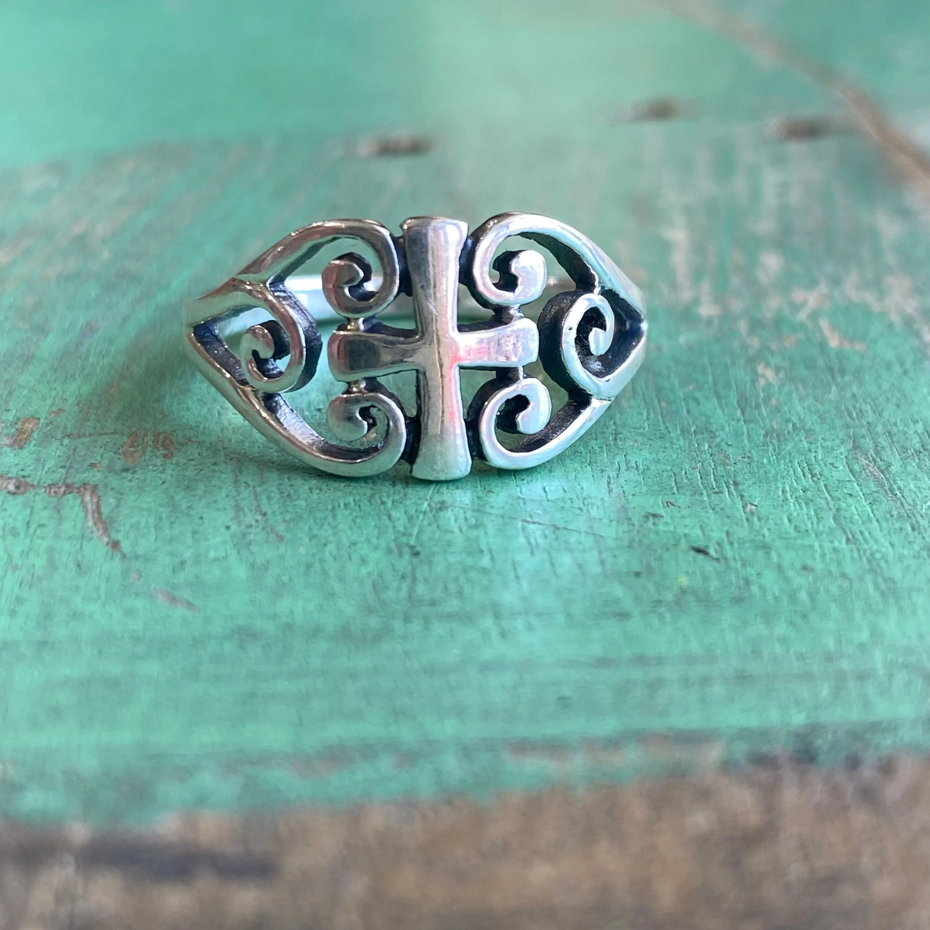 Sterling Silver Filigree Heart Cross Ring