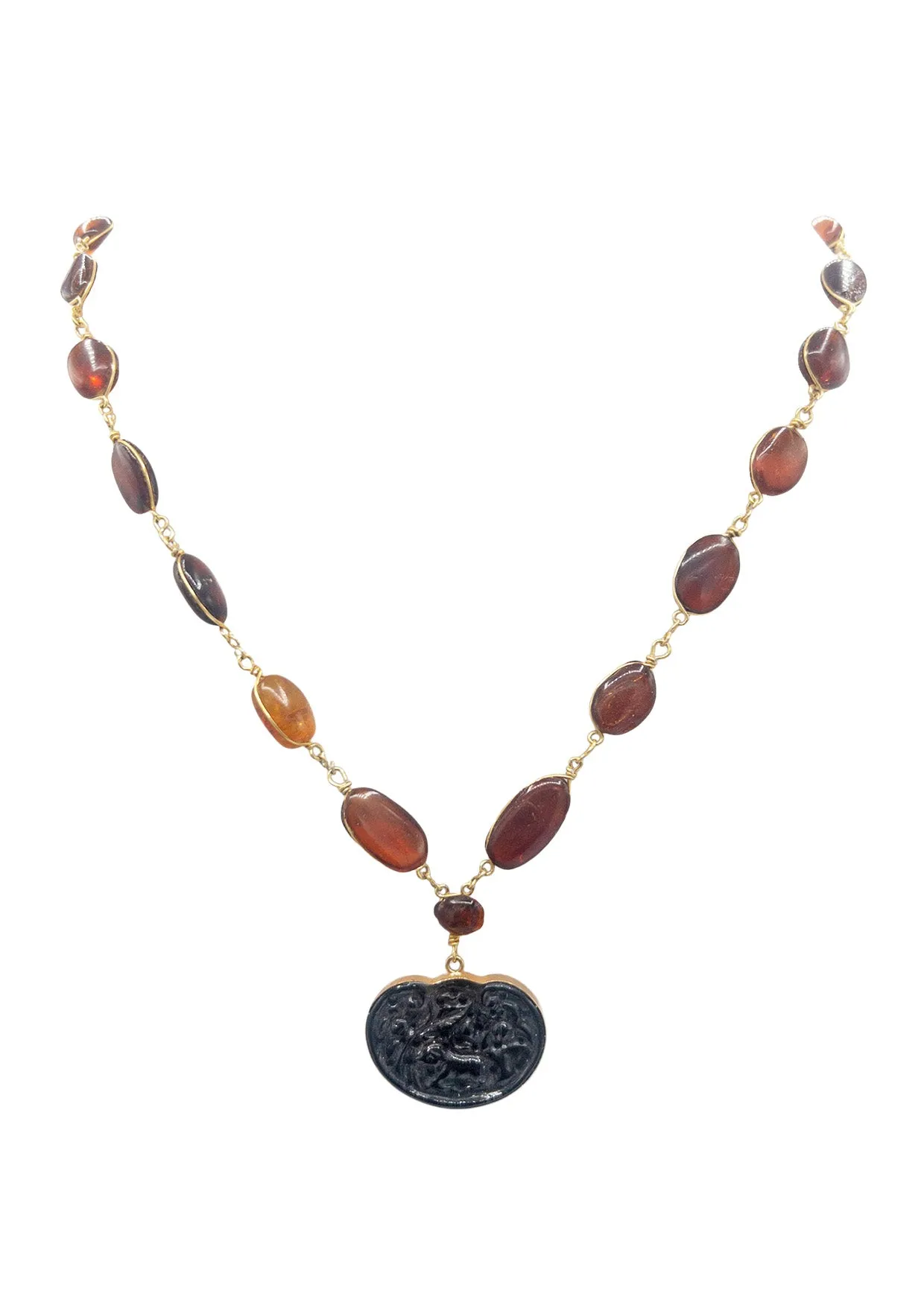 Tourmaline Pendant Amber Station Necklace