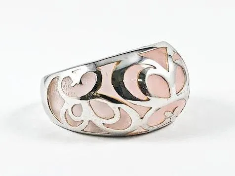 Unique Creative See Through Light Pink Color Crystal Filigree Pattern Silver Ring