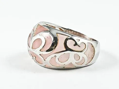 Unique Creative See Through Light Pink Color Crystal Filigree Pattern Silver Ring