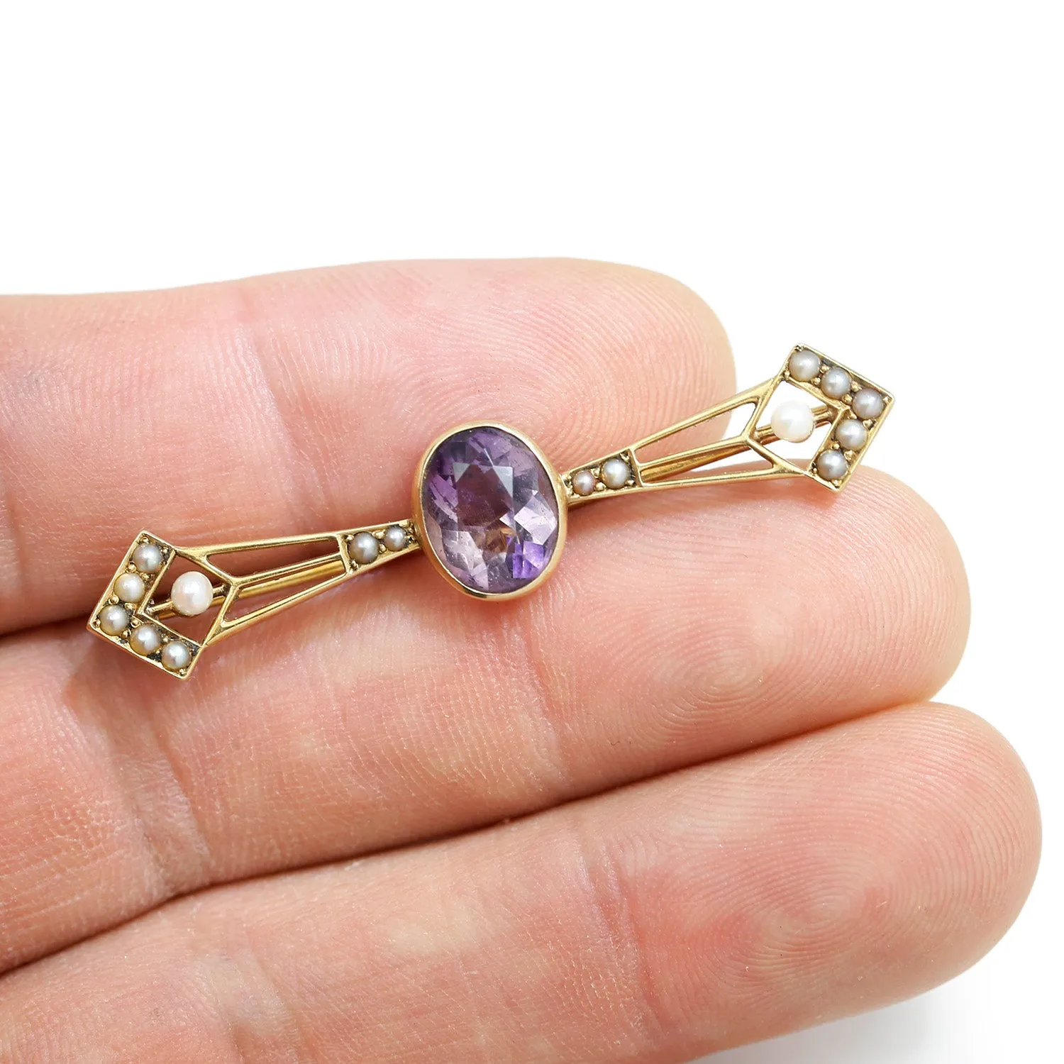 Victorian Amethyst & Seed Pearl Brooch Pin 14K Yellow Gold