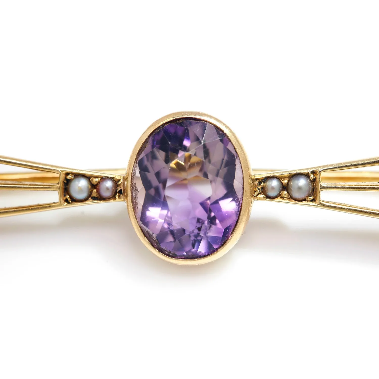 Victorian Amethyst & Seed Pearl Brooch Pin 14K Yellow Gold