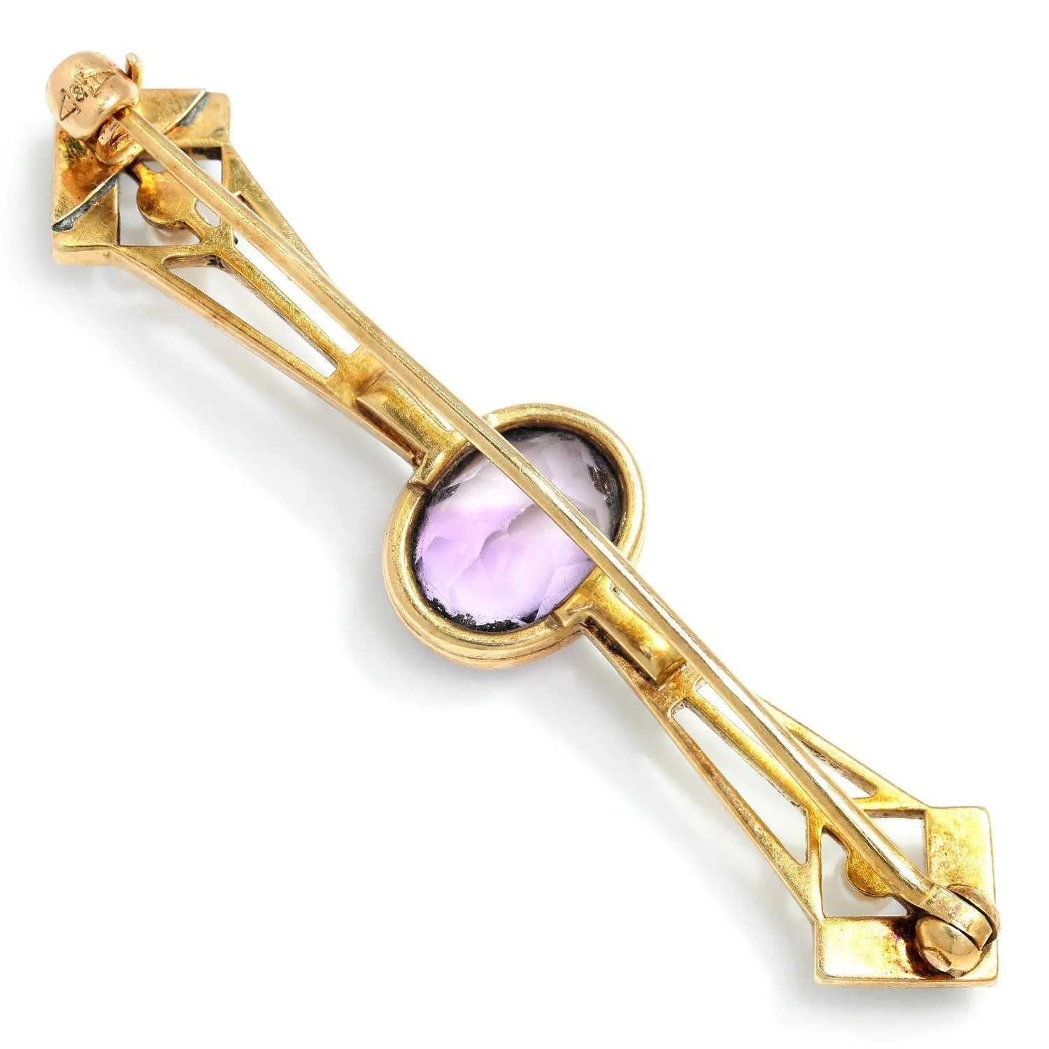 Victorian Amethyst & Seed Pearl Brooch Pin 14K Yellow Gold