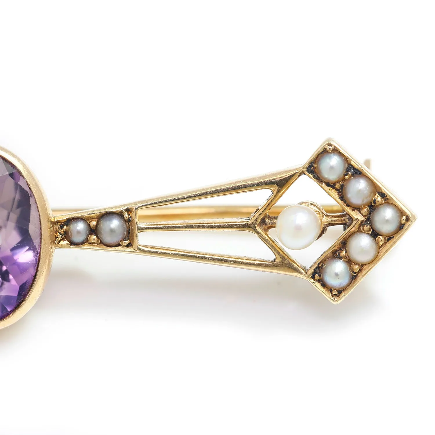 Victorian Amethyst & Seed Pearl Brooch Pin 14K Yellow Gold