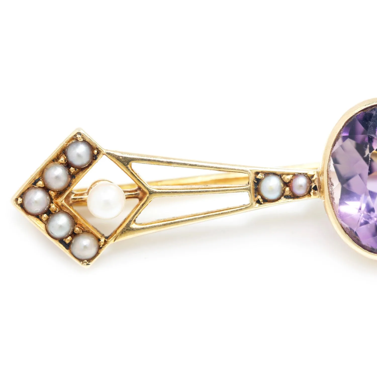 Victorian Amethyst & Seed Pearl Brooch Pin 14K Yellow Gold