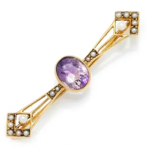 Victorian Amethyst & Seed Pearl Brooch Pin 14K Yellow Gold