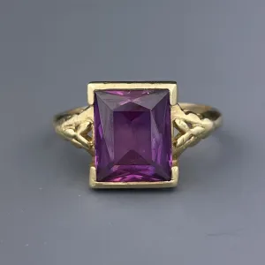 Vintage Art Deco 10K Gold Emerald Cut Amethyst Ring, Sz 4 1/4