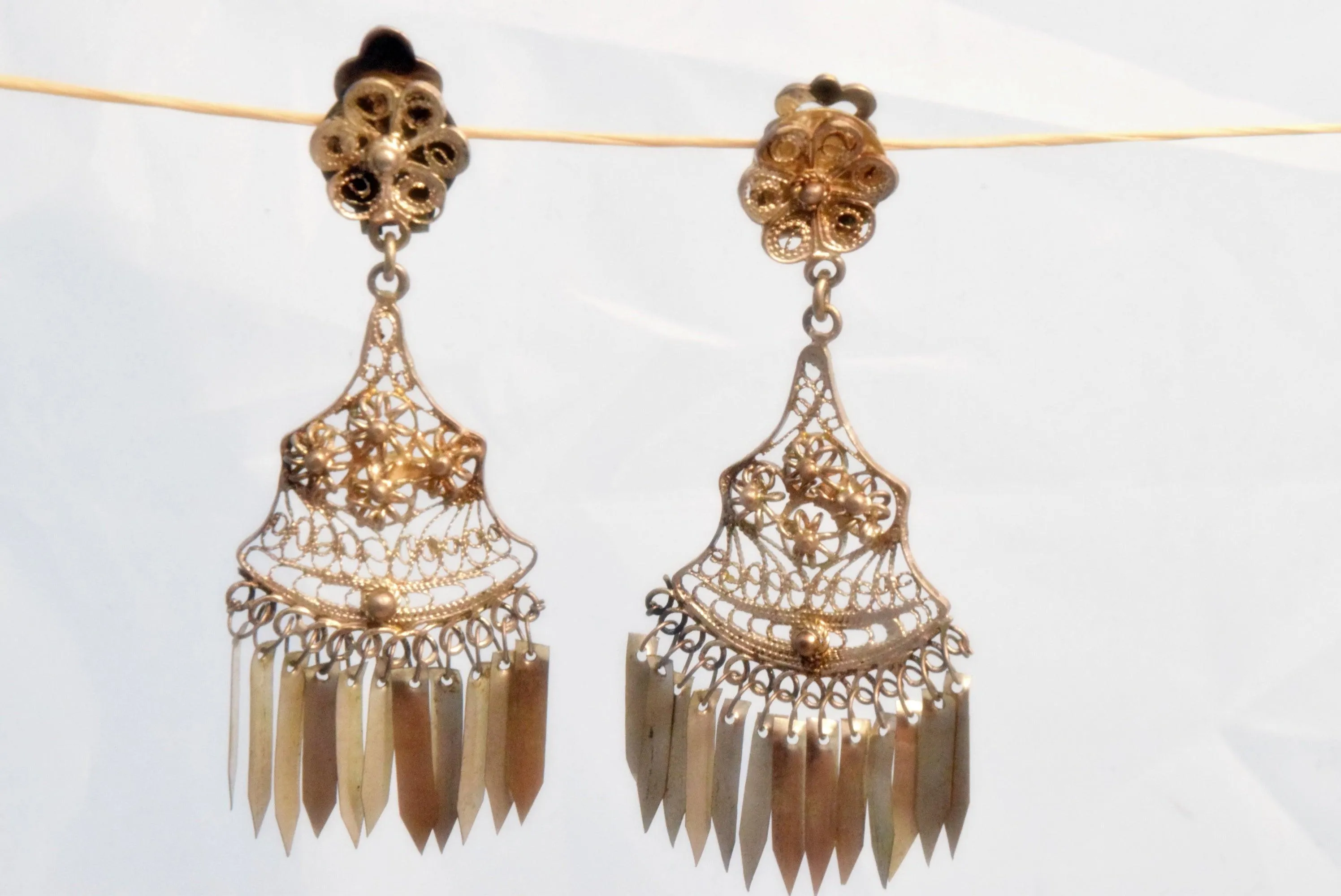 Vintage Turkish Silver Filigree Clip On Earrings with Tassels