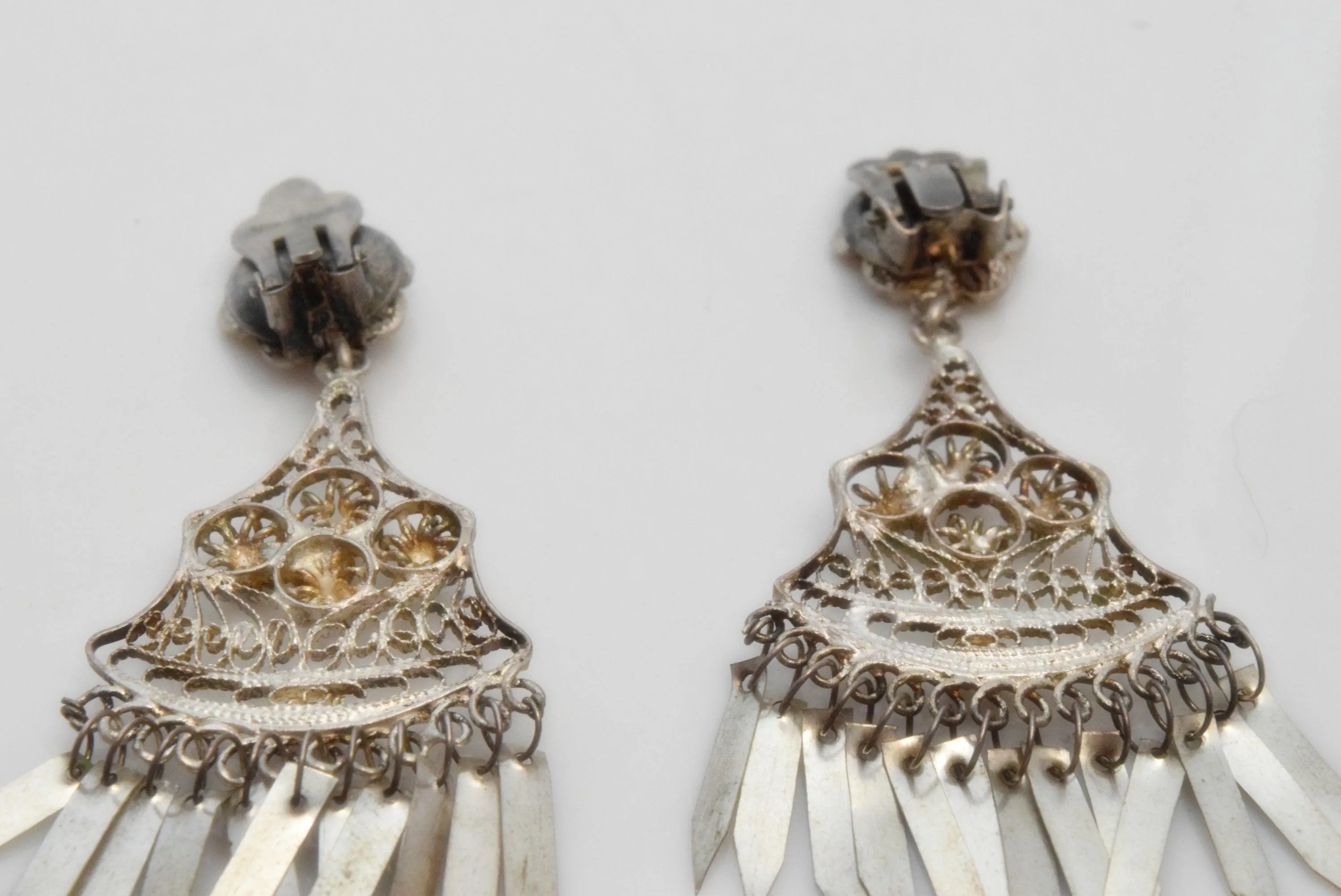 Vintage Turkish Silver Filigree Clip On Earrings with Tassels