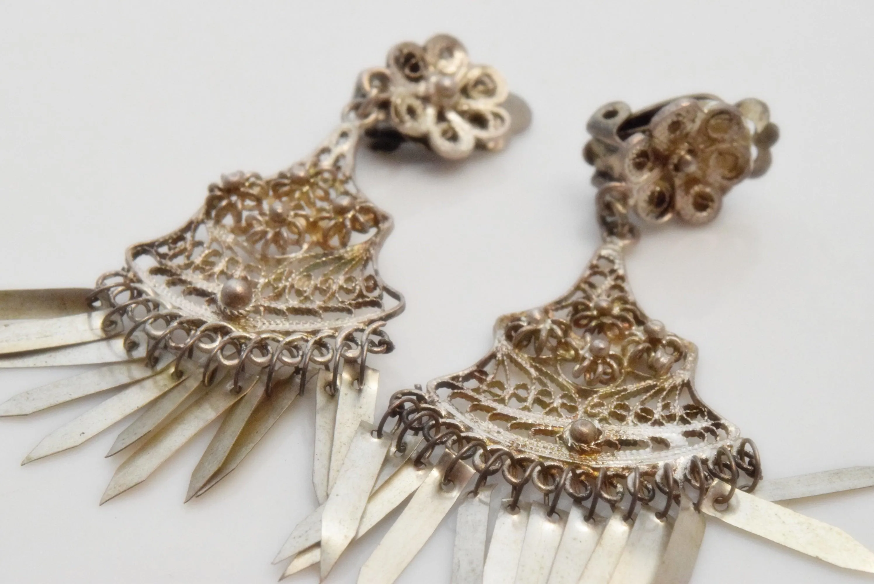 Vintage Turkish Silver Filigree Clip On Earrings with Tassels