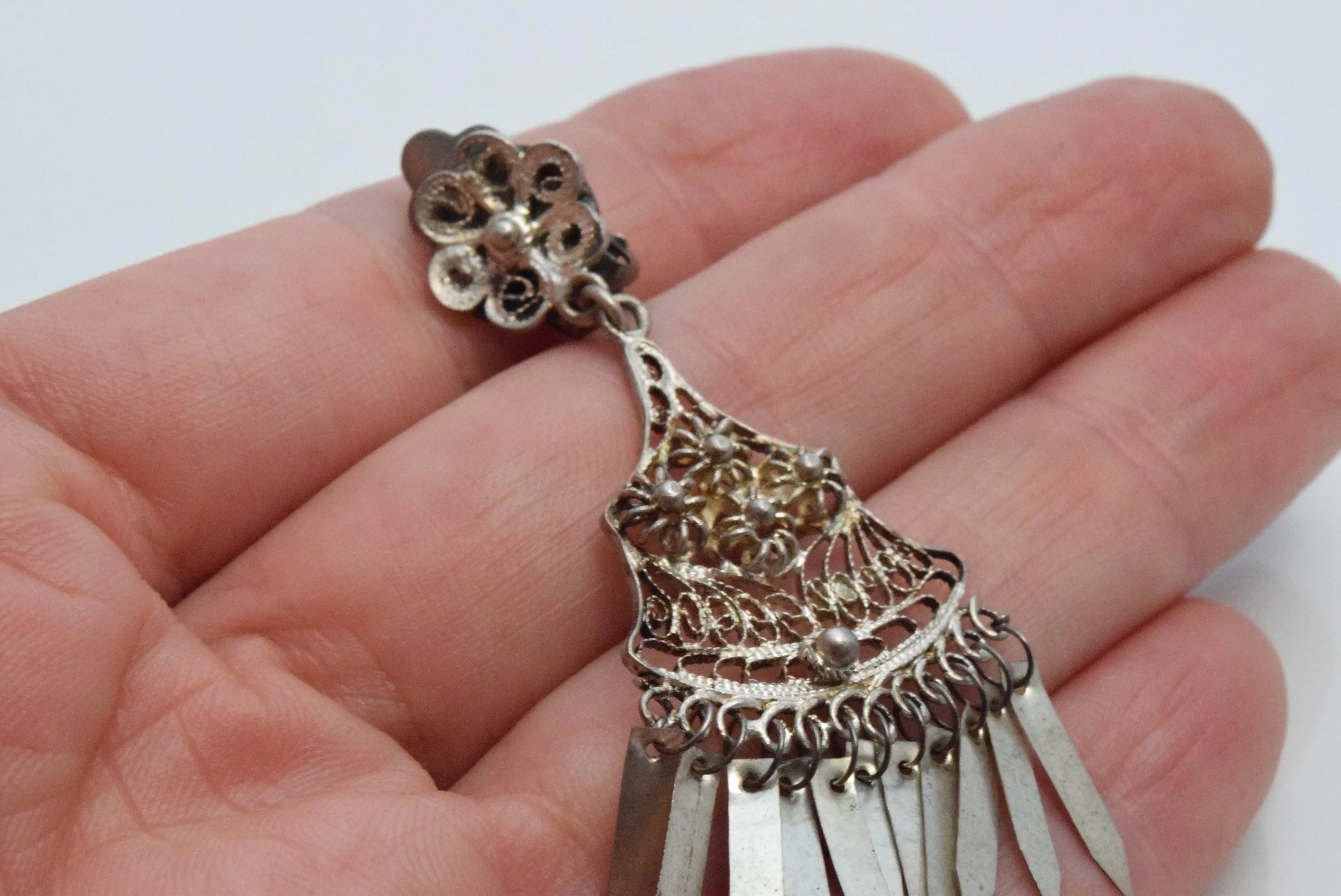 Vintage Turkish Silver Filigree Clip On Earrings with Tassels