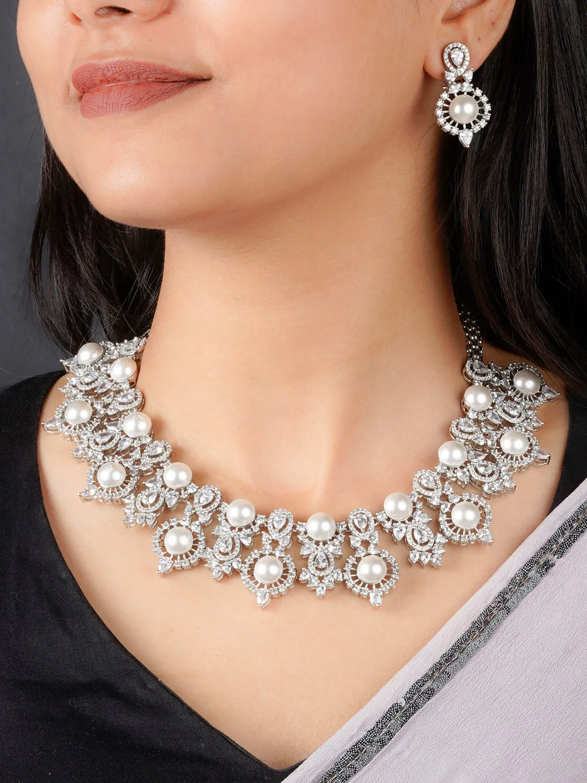 White Color Silver Plated Faux Diamond Necklace Set - CZSET305