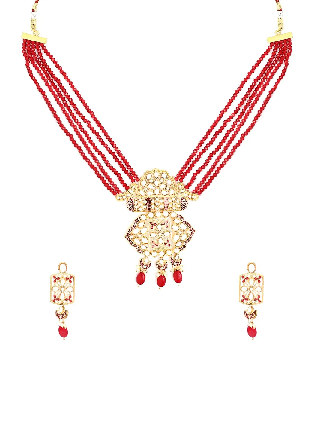 Yellow Chimes Traditional Jewellery Set for Women Multilayered Red Beads Necklace Set Gold Plated Kundan Jewellery Set for Women and Girls.